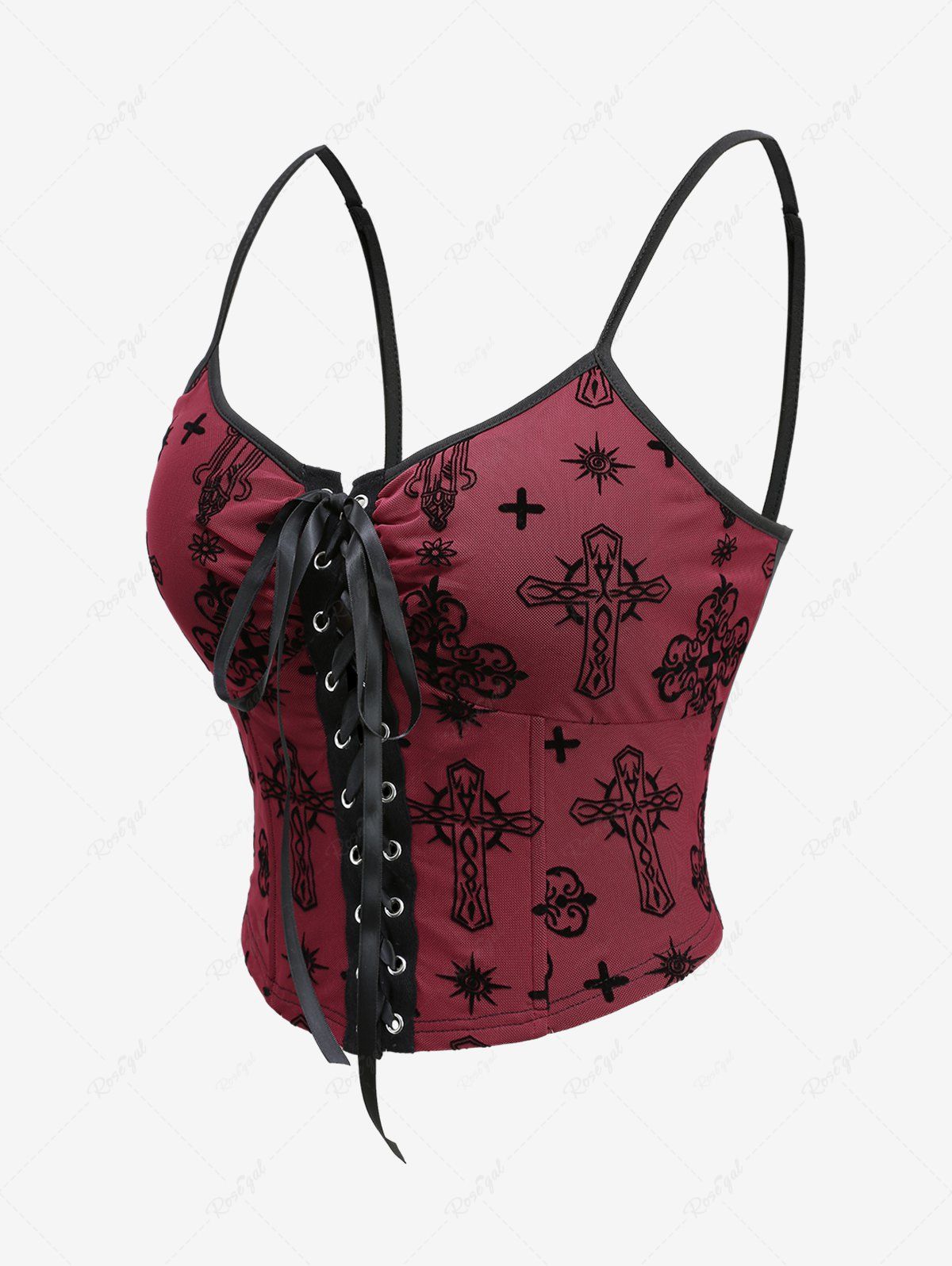 Gothic Plus Size Lace Up Grommets Floral Cross Sun Flocking Mesh Cami Corset