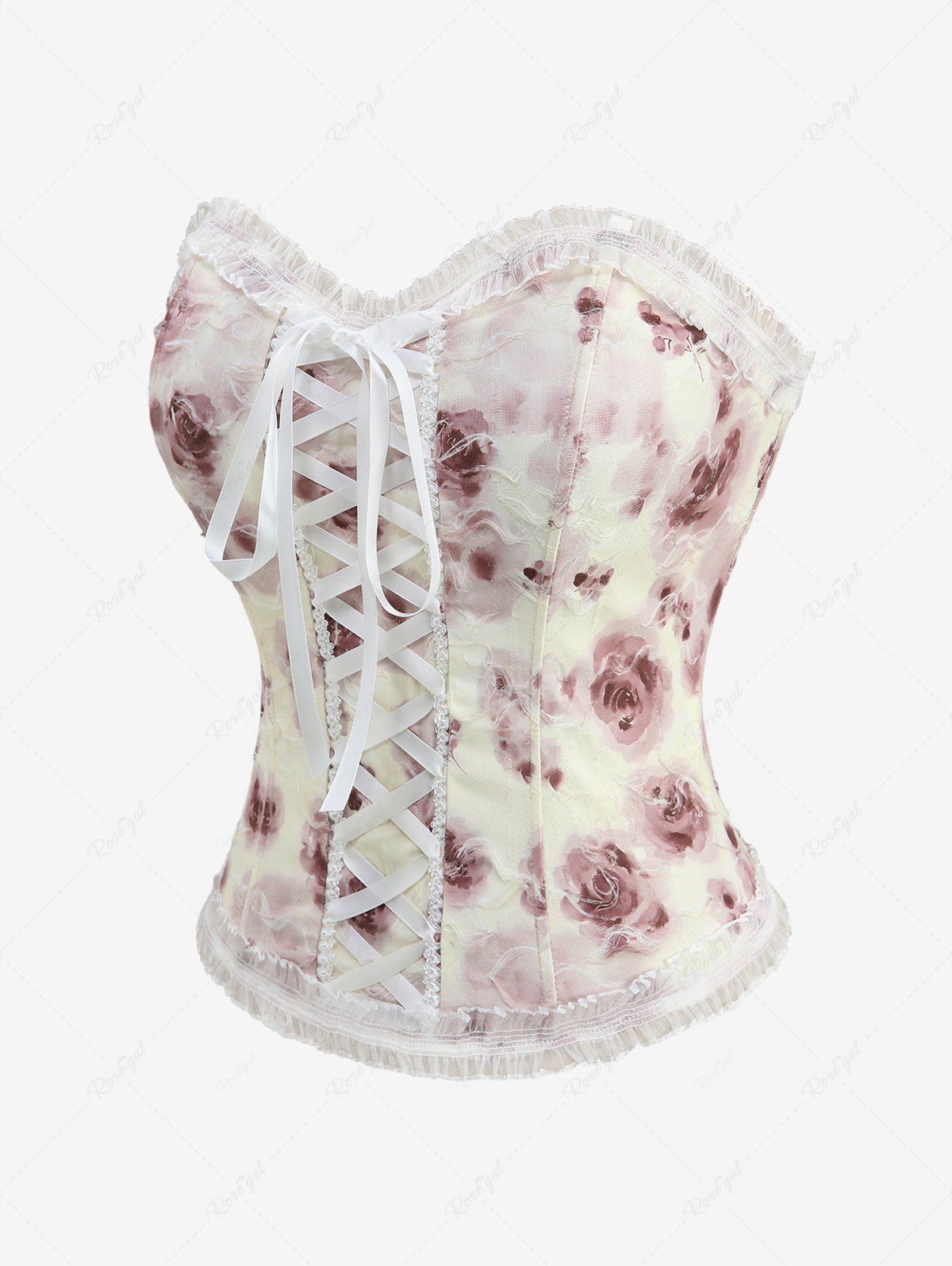 Gothic Plus Size Rose Flower Printed Lace-up Ruffles Lace Trim Zipper Back Corset