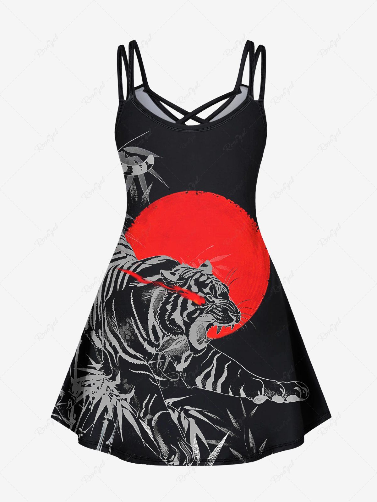 Gothic Plus Size Bamboo Tiger Sun Print Crisscross A Line Cami Dress