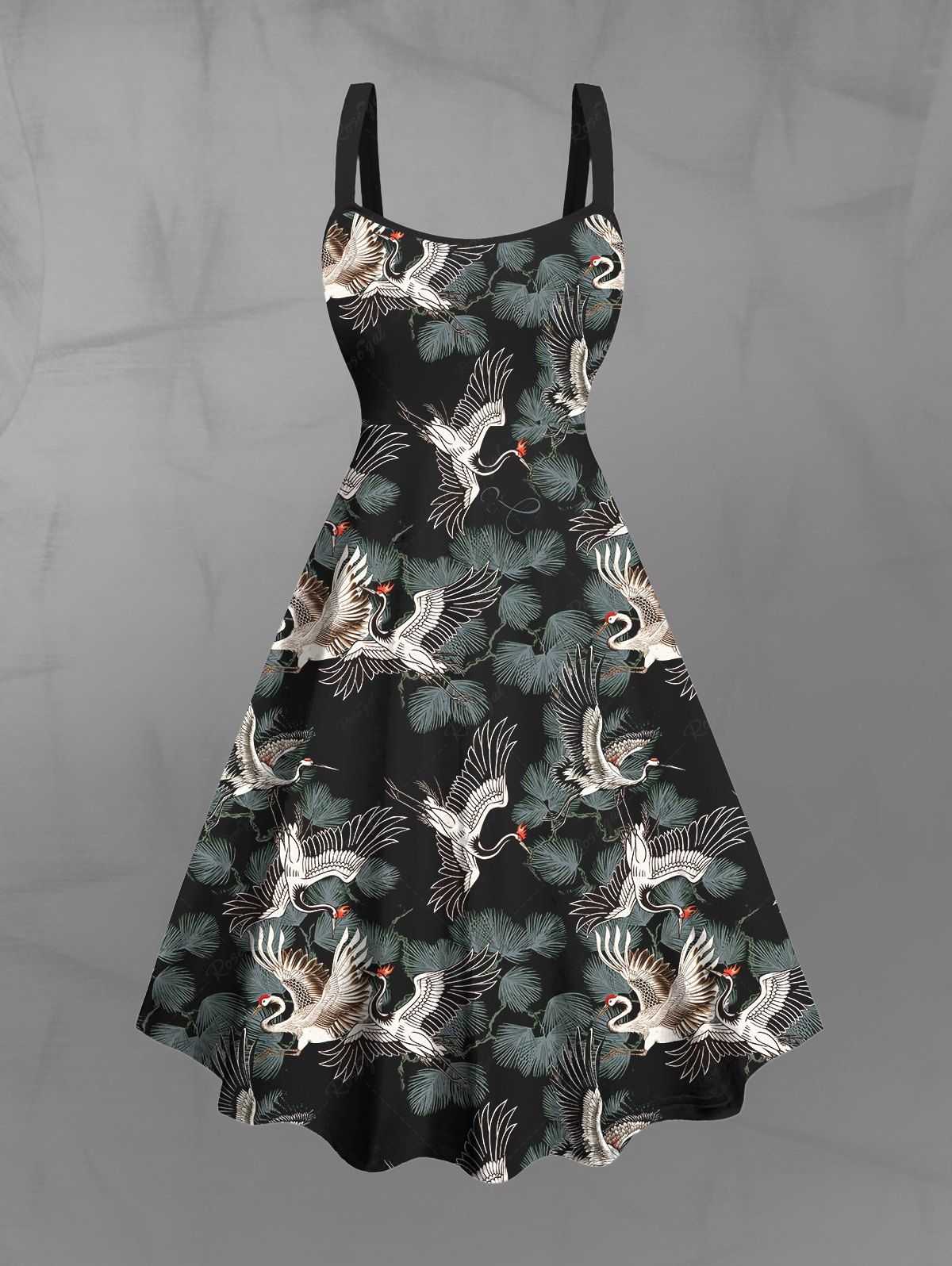 Gothic Plus Size Crane Pine Print A Line Tank Dress