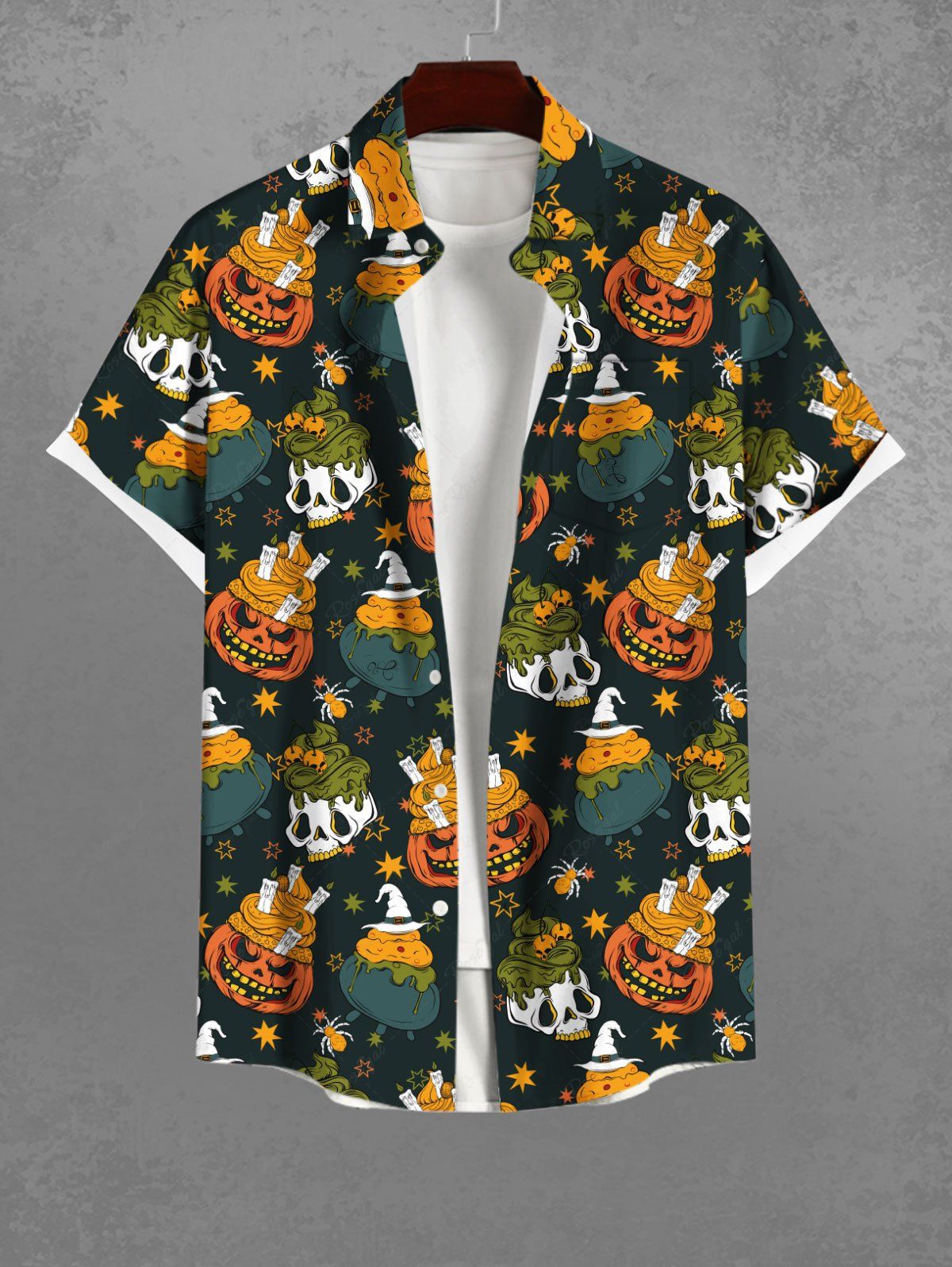 Gothic Pumpkin Skull Ice Cream Spider Star Hat Print Halloween Button Pocket Shirt For Men