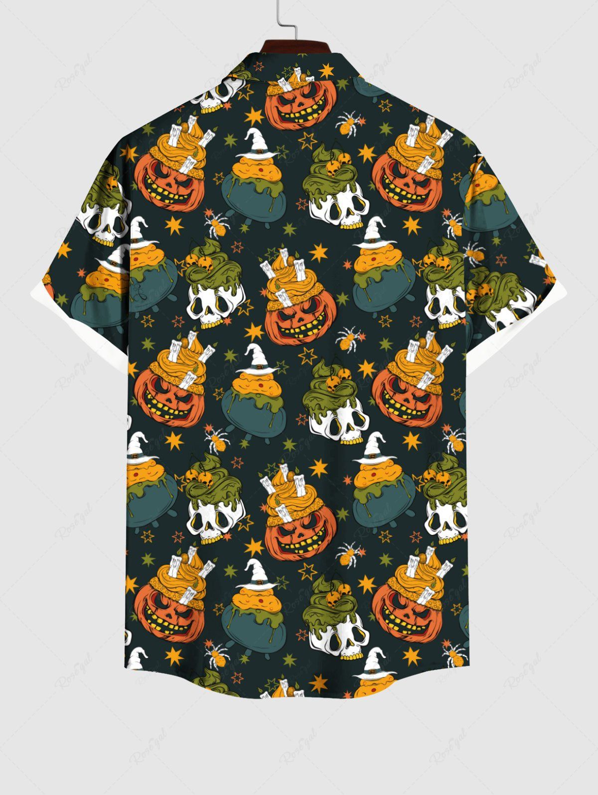 Gothic Plus Size Pumpkin Skull Ice Cream Spider Star Hat Print Halloween Button Pocket Shirt For Men