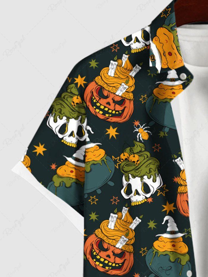Gothic Pumpkin Skull Ice Cream Spider Star Hat Print Halloween Button Pocket Shirt For Men
