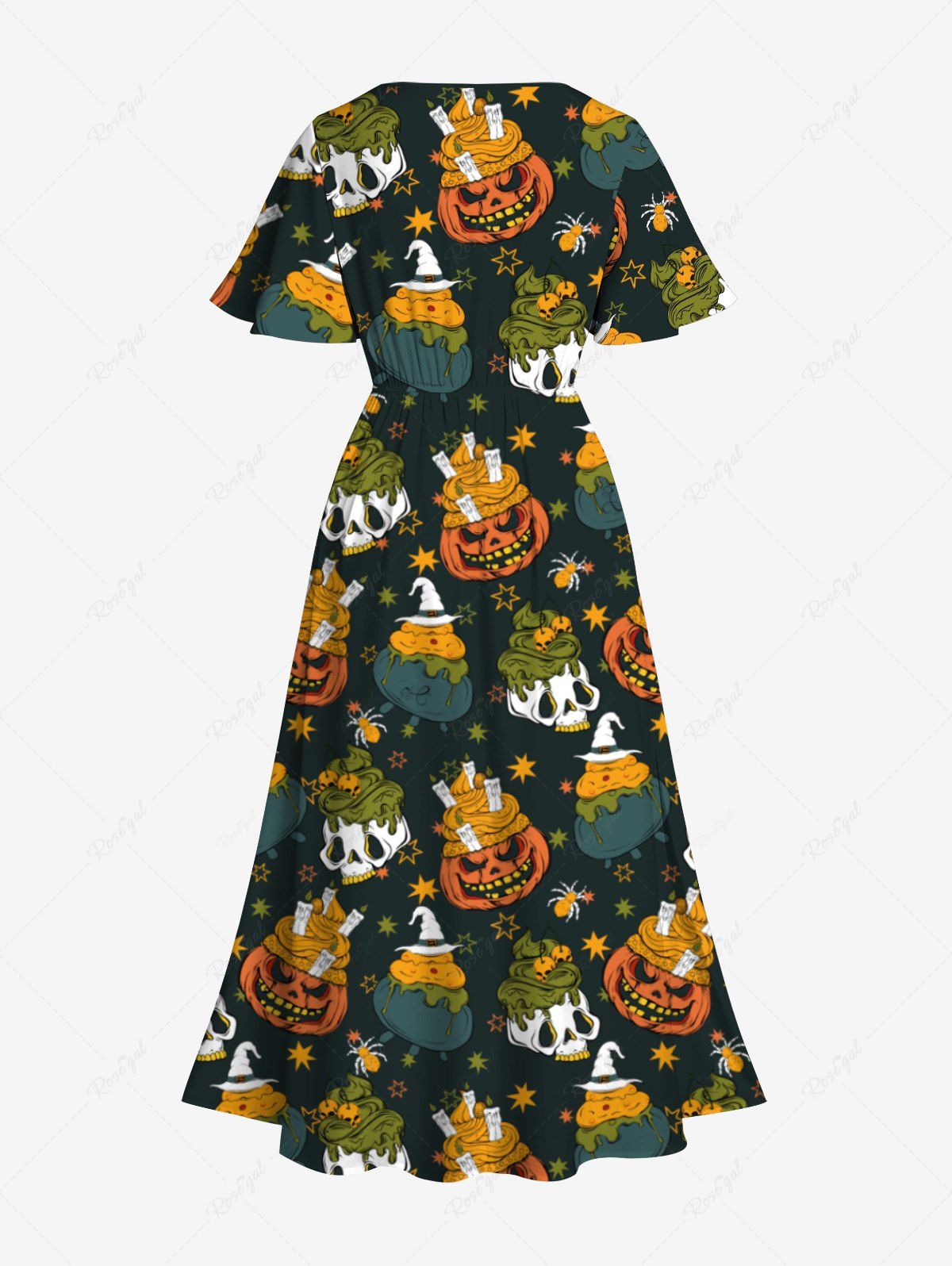Gothic Pumpkin Skull Ice Cream Spider Star Hat Print Halloween Costume Split Pocket A Line Midi Dress