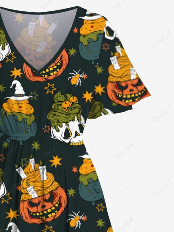 Gothic Plus Size Pumpkin Skull Ice Cream Spider Star Hat Print Halloween Costume Split Pocket A Line Midi Dress