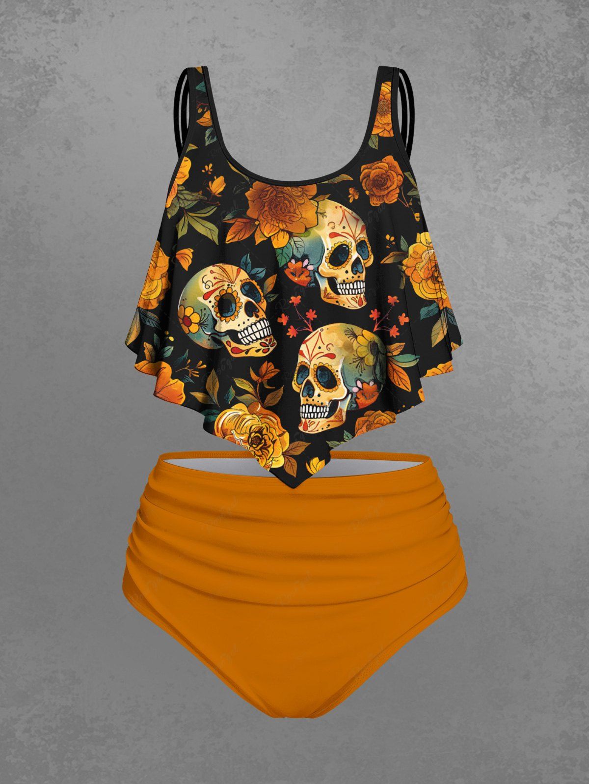 Gothic Skull Floral Leaf Print Peplum Hem Backless Tankini Swimsuit (Adjustable Shoulder Strap)