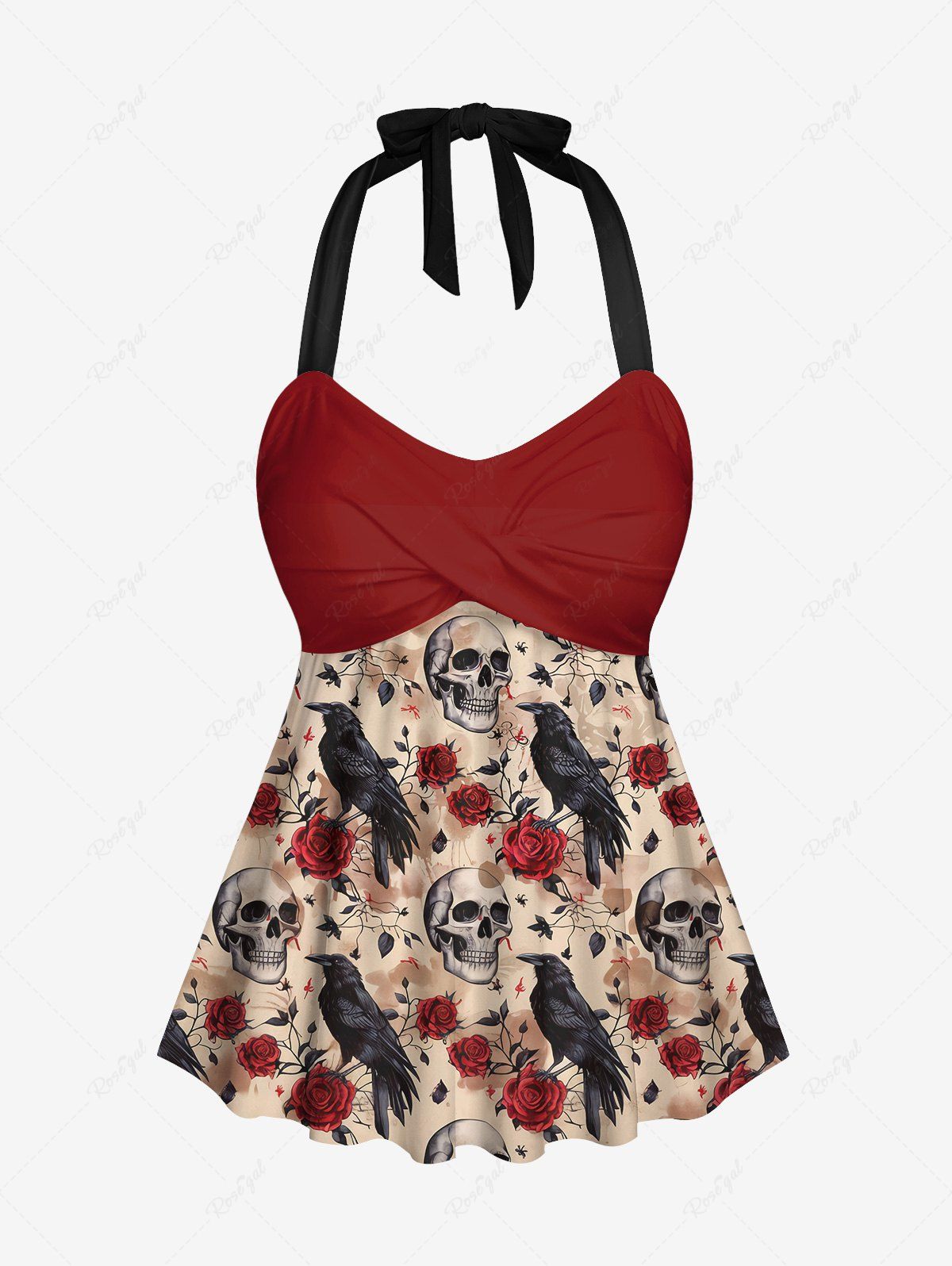 Gothic Distressed Skull Eagle Rose Flower Leaf Print Twist Halter Backless Cinched Boyleg Tankini Swimsuit