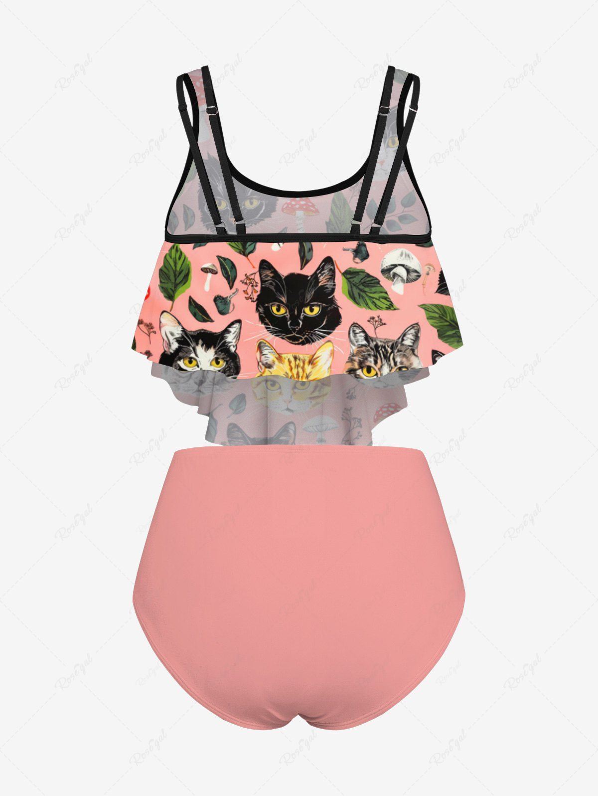 Gothic Plus Size Cat Mushroom Leaf Print Peplum Hem Backless Tankini Swimsuit (Adjustable Shoulder Strap)