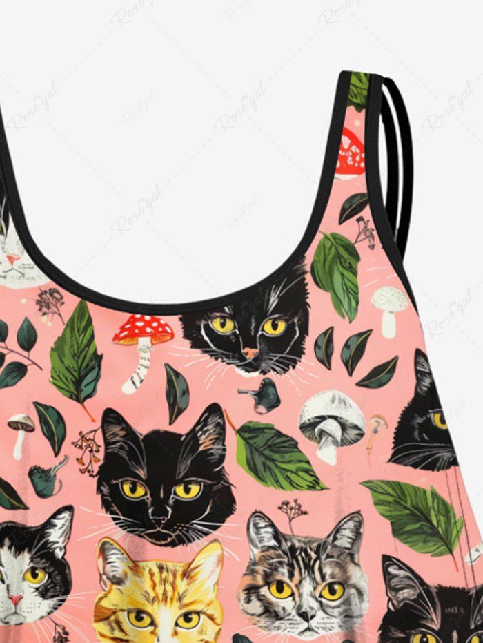 Gothic Cat Mushroom Leaf Print Peplum Hem Backless Tankini Swimsuit (Adjustable Shoulder Strap)