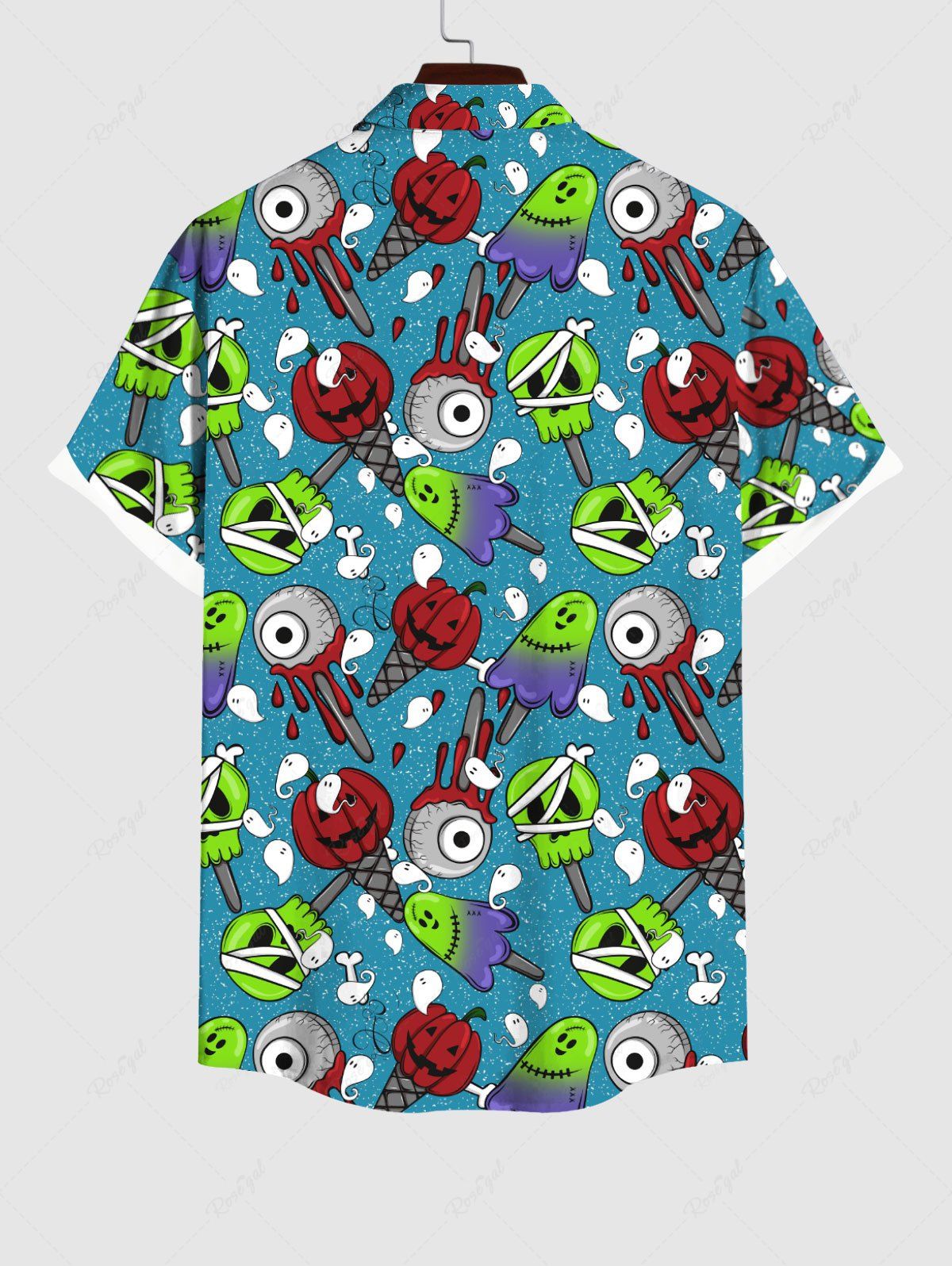 Gothic Plus Size Pumpkin Skull Bloody Eye Ghost Ice Cream Print Halloween Button Pocket Shirt For Men