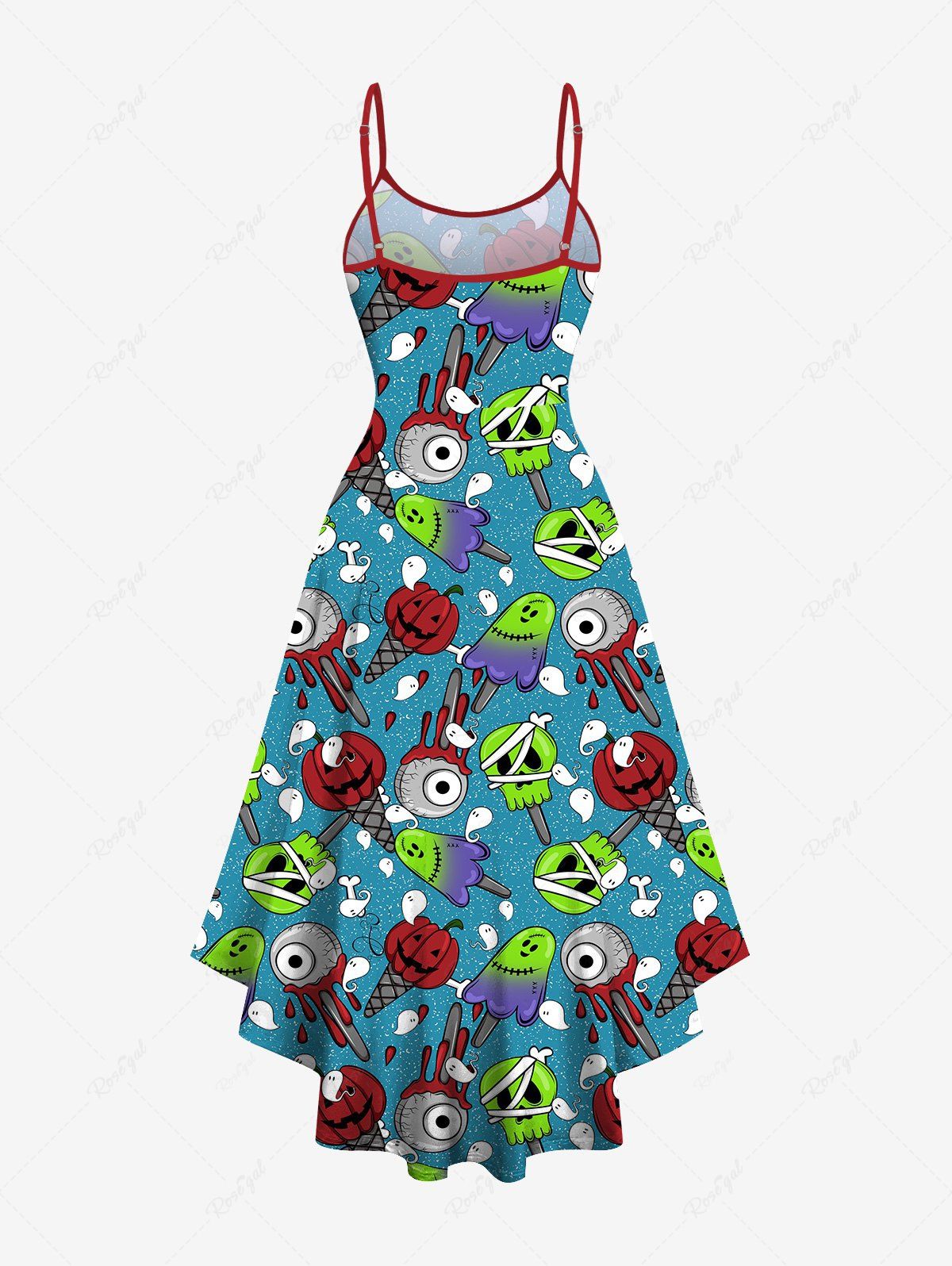 Gothic Pumpkin Skull Bloody Eye Ghost Ice Cream Print Halloween Costume High Low Cami Dress