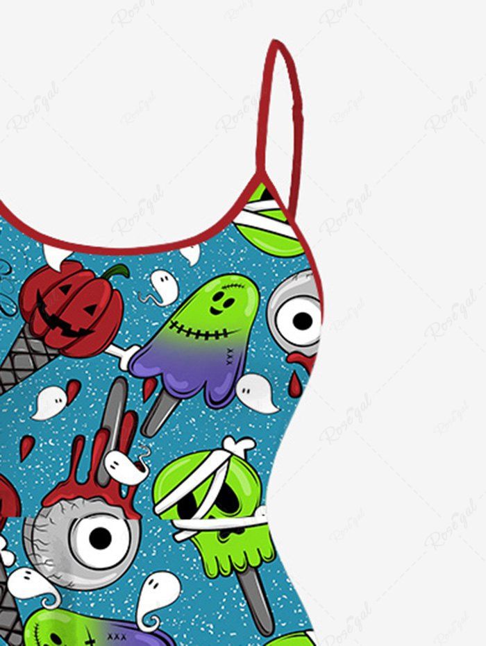 Gothic Pumpkin Skull Bloody Eye Ghost Ice Cream Print Halloween Costume High Low Cami Dress