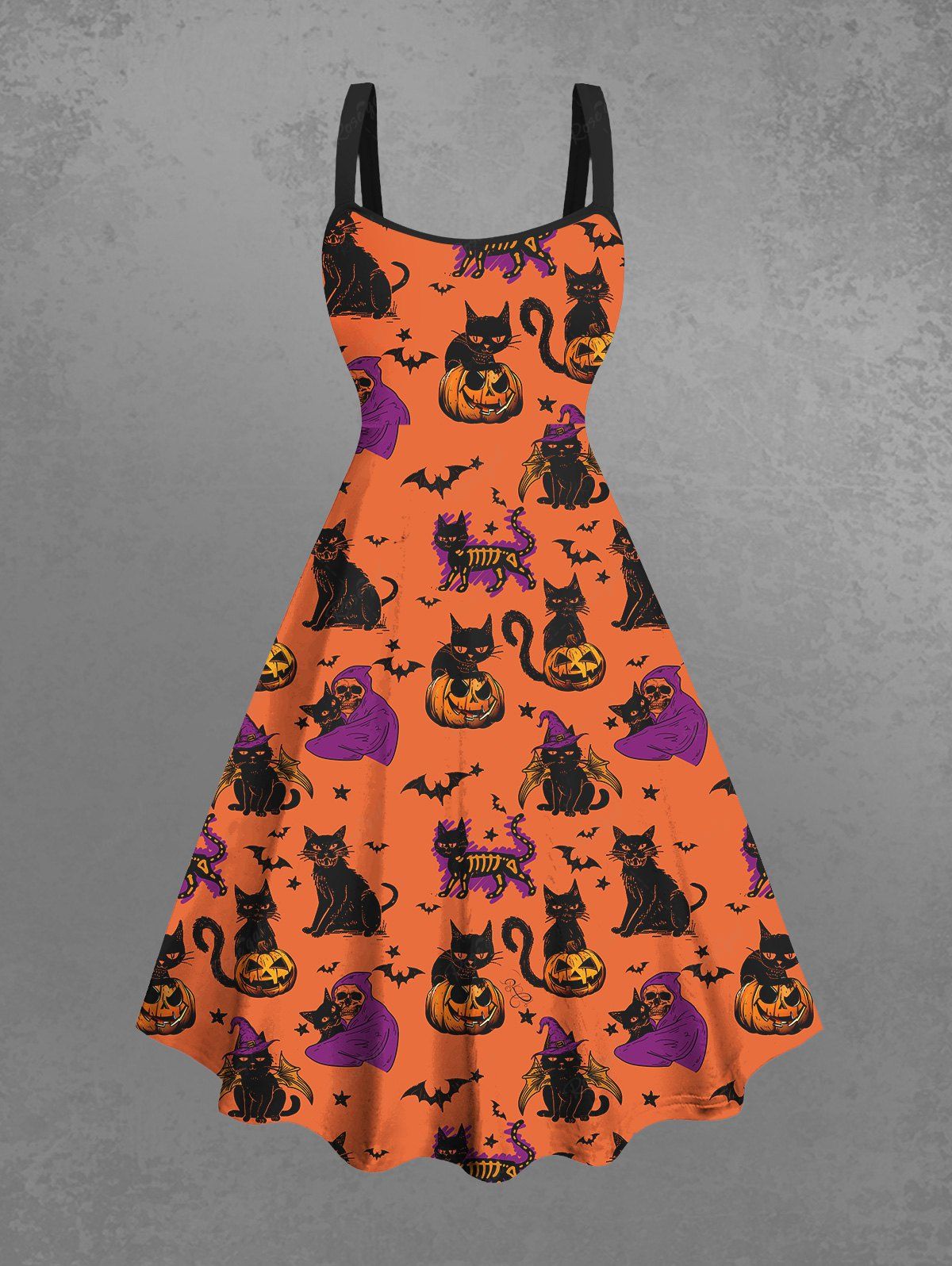 Gothic Pumpkin Cat Skull Wizard Bat Star Print Halloween Costume A Line Tank Dress