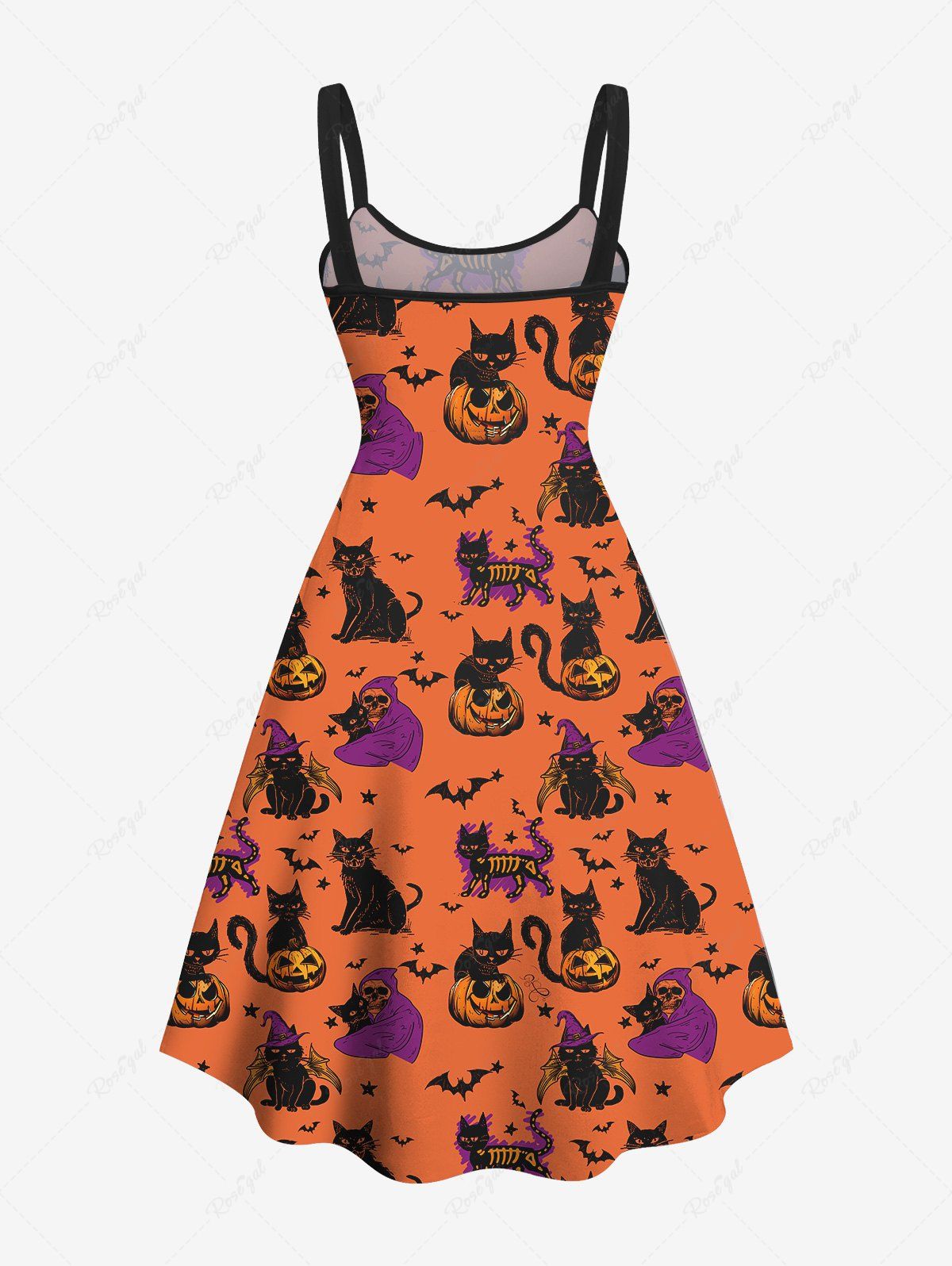 Gothic Plus Size Pumpkin Cat Skull Wizard Bat Star Print Halloween Costume A Line Tank Dress