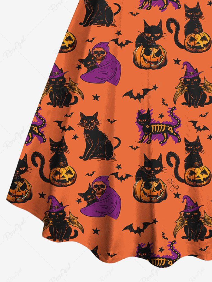 Gothic Pumpkin Cat Skull Wizard Bat Star Print Halloween Costume A Line Tank Dress