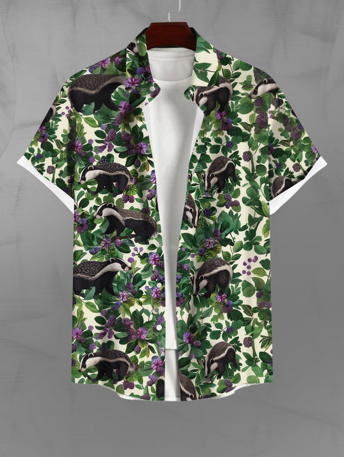 Gothic Plus Size Badger Floral Leaf Print Button Pocket Shirt For Men