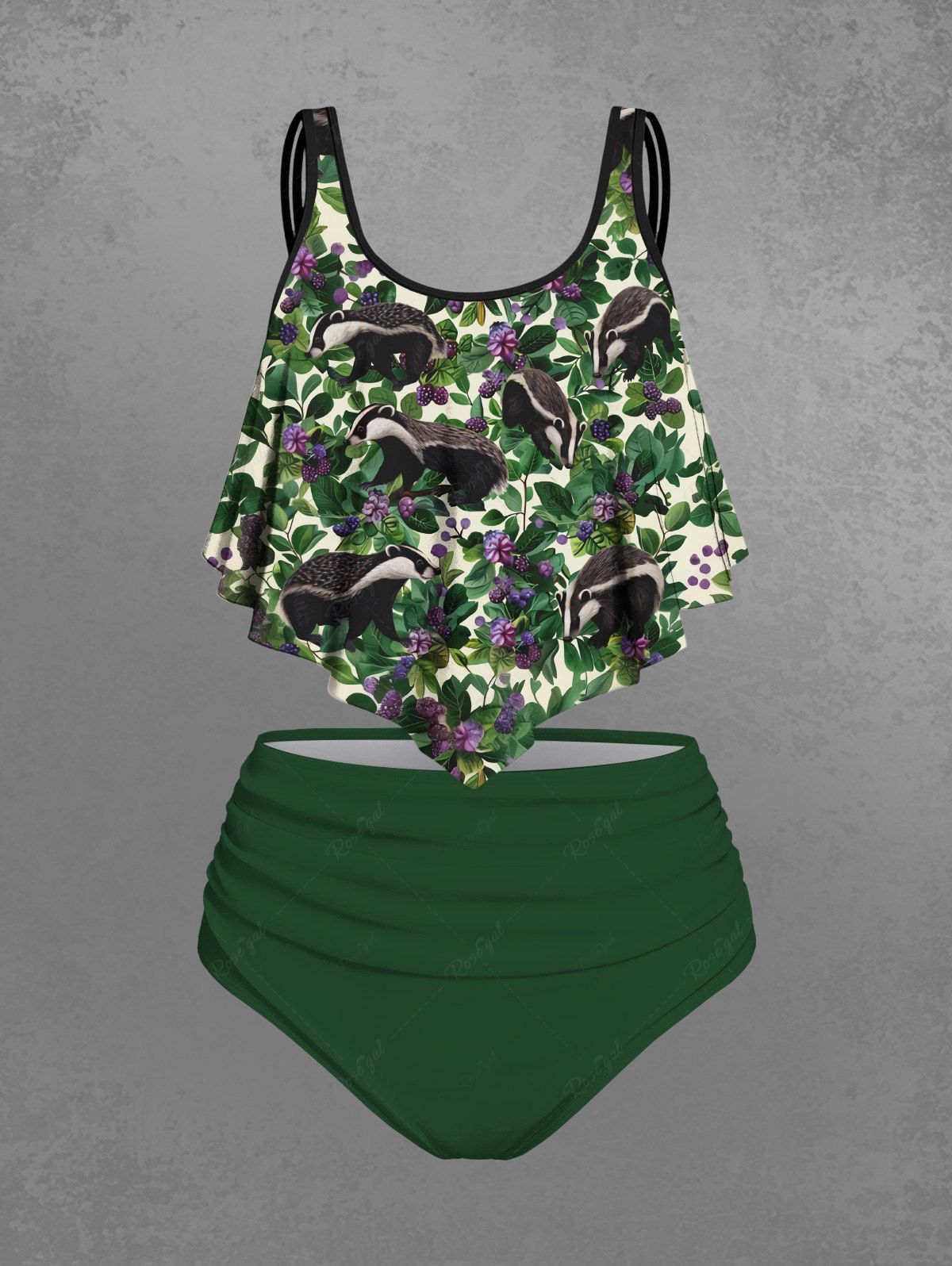 Gothic Plus Size Badger Floral Leaves Print Peplum Hem Backless Tankini Swimsuit (Adjustable Shoulder Strap)