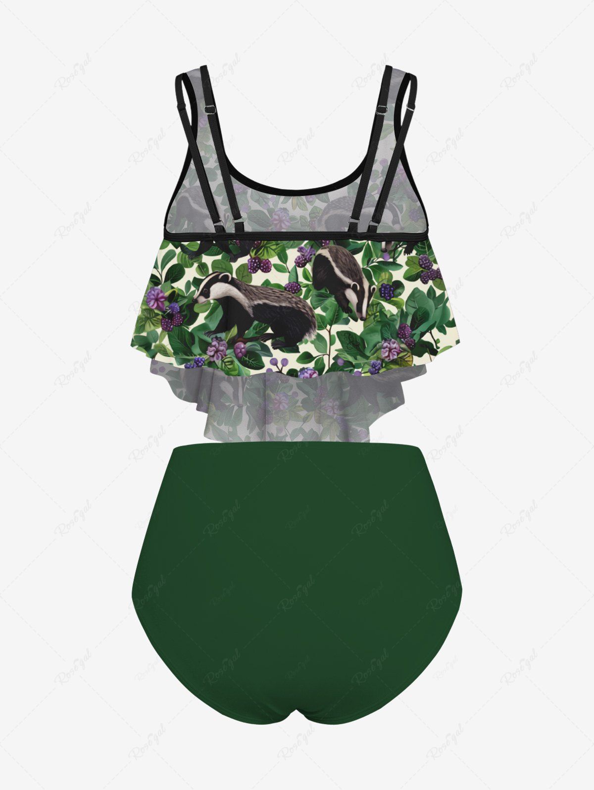 Gothic Plus Size Badger Floral Leaves Print Peplum Hem Backless Tankini Swimsuit (Adjustable Shoulder Strap)