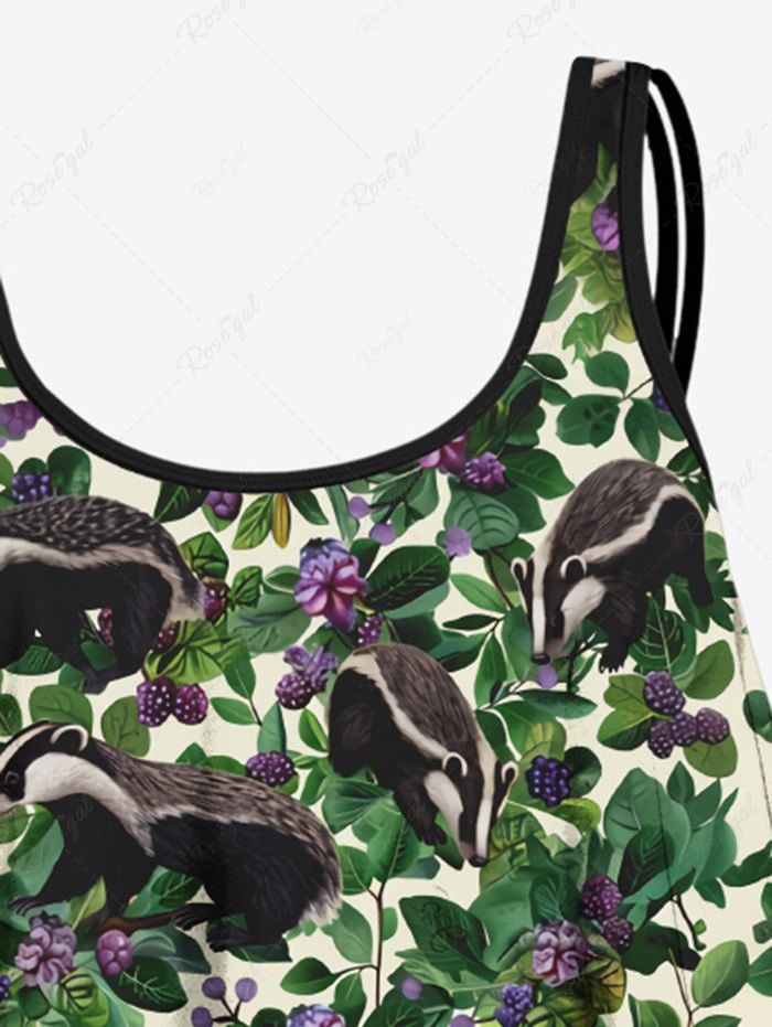 Gothic Plus Size Badger Floral Leaves Print Peplum Hem Backless Tankini Swimsuit (Adjustable Shoulder Strap)