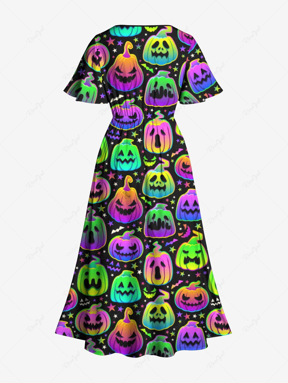 Gothic Plus Size Colorful Ombre Pumpkin Bat Star Print Halloween Costume Split Pocket A Line Midi Dress