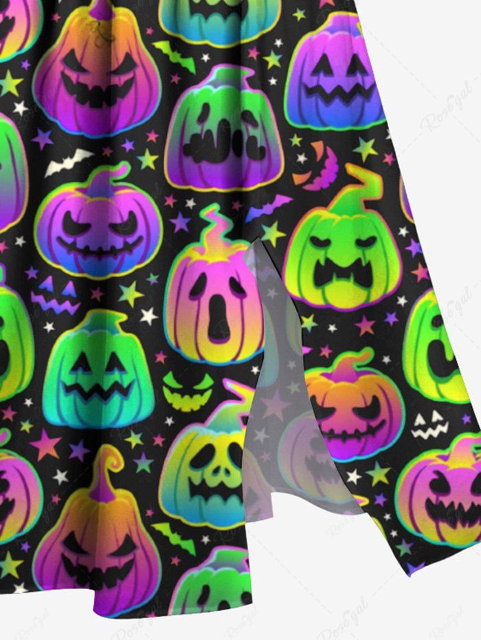 Gothic Plus Size Colorful Ombre Pumpkin Bat Star Print Halloween Costume Split Pocket A Line Midi Dress