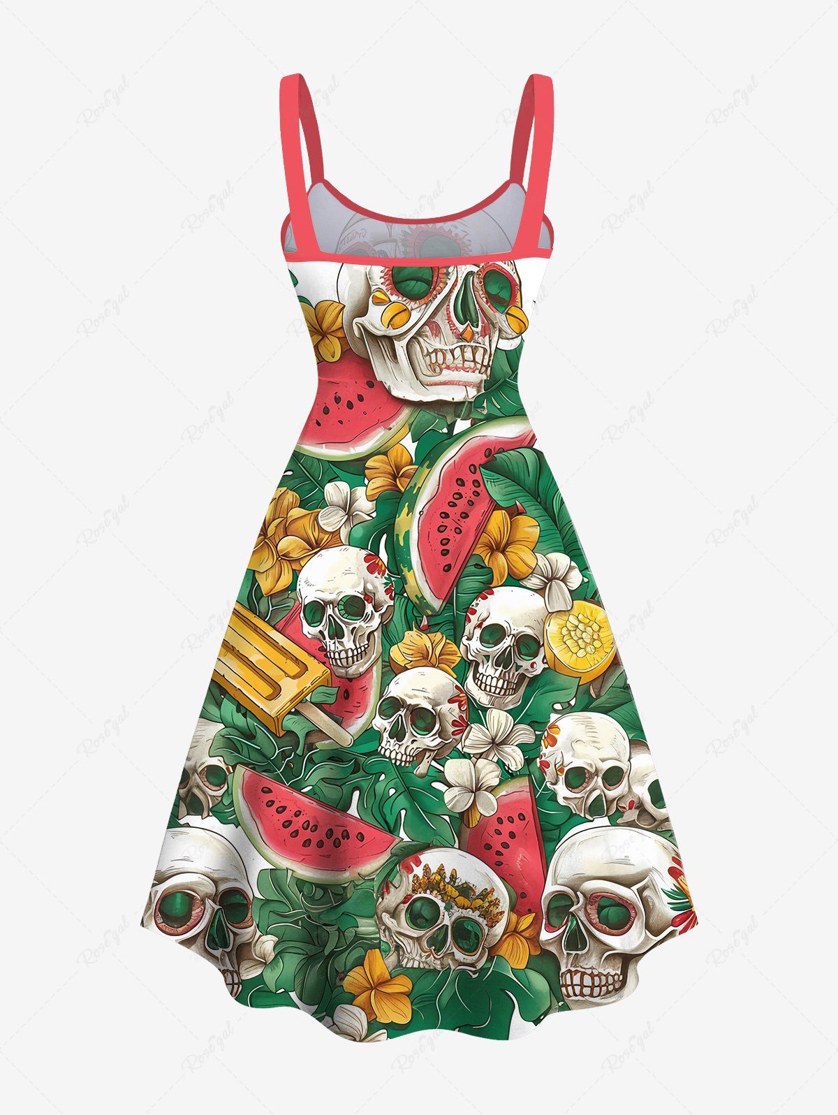 Gothic Plus Size Skull Floral Leaves Ice Cream Watermelon Print A Line Tank Dress