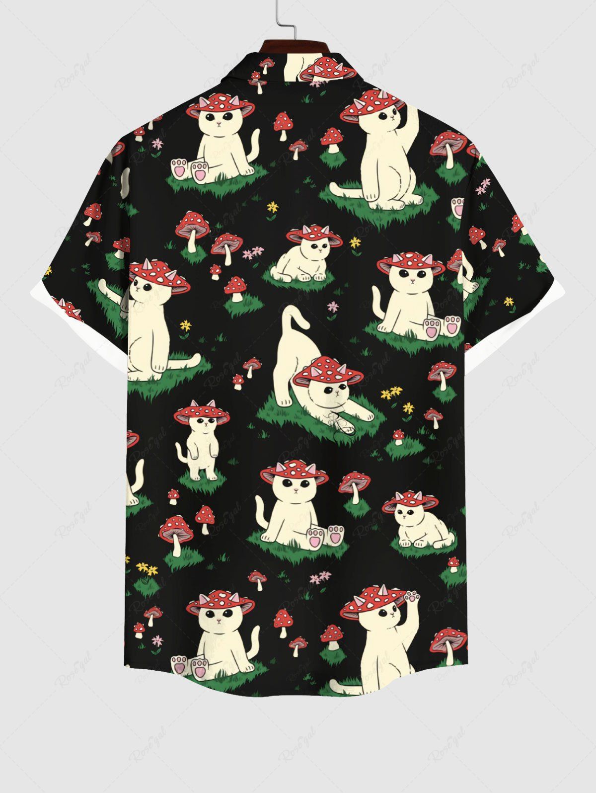 Gothic Plus Size Mushroom Cute Cat Floral Grass Print Button Pocket Shirt For Men