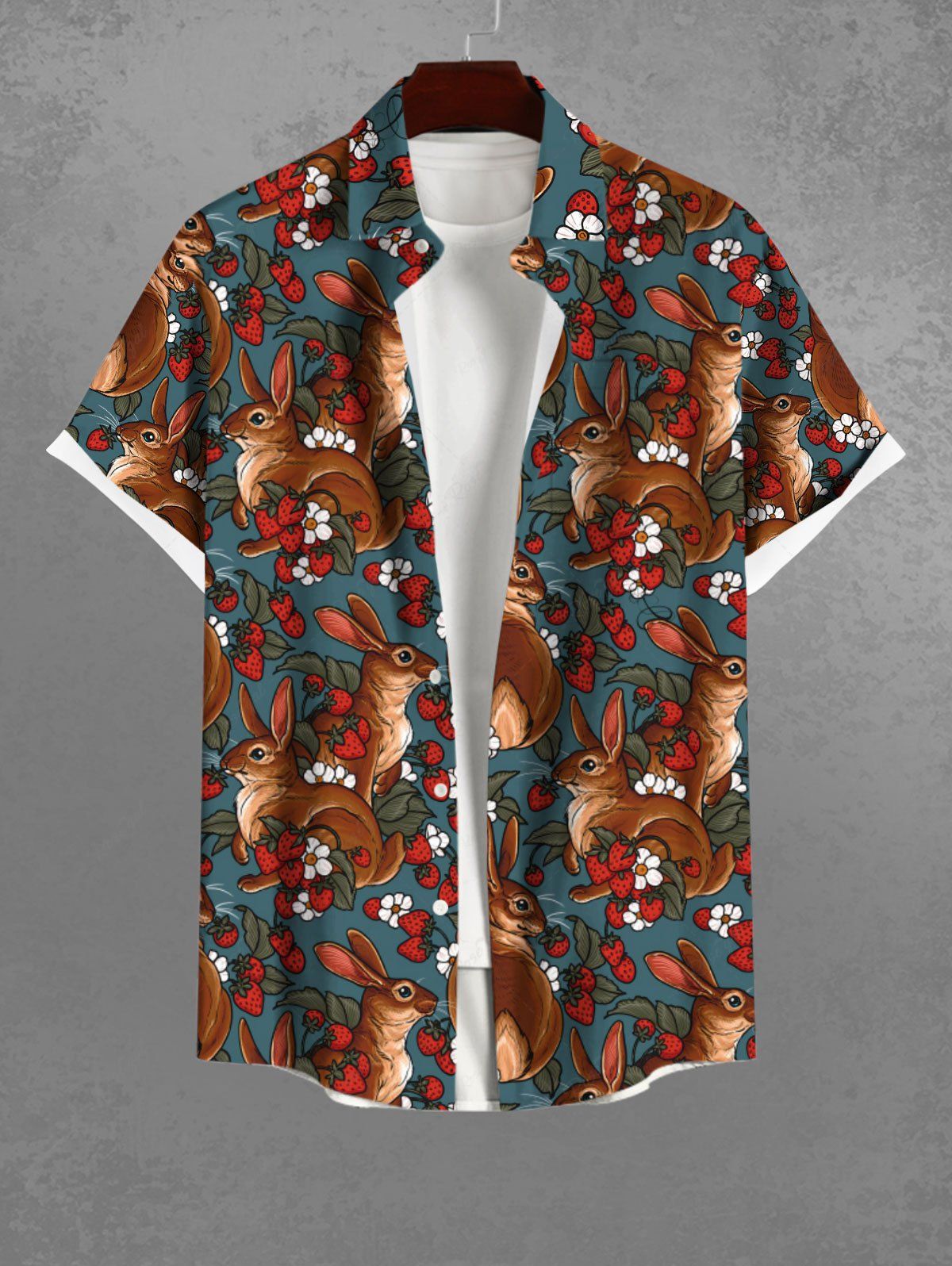 Gothic Plus Size Rabbit Floral Strawberry Print Button Pocket Shirt For Men