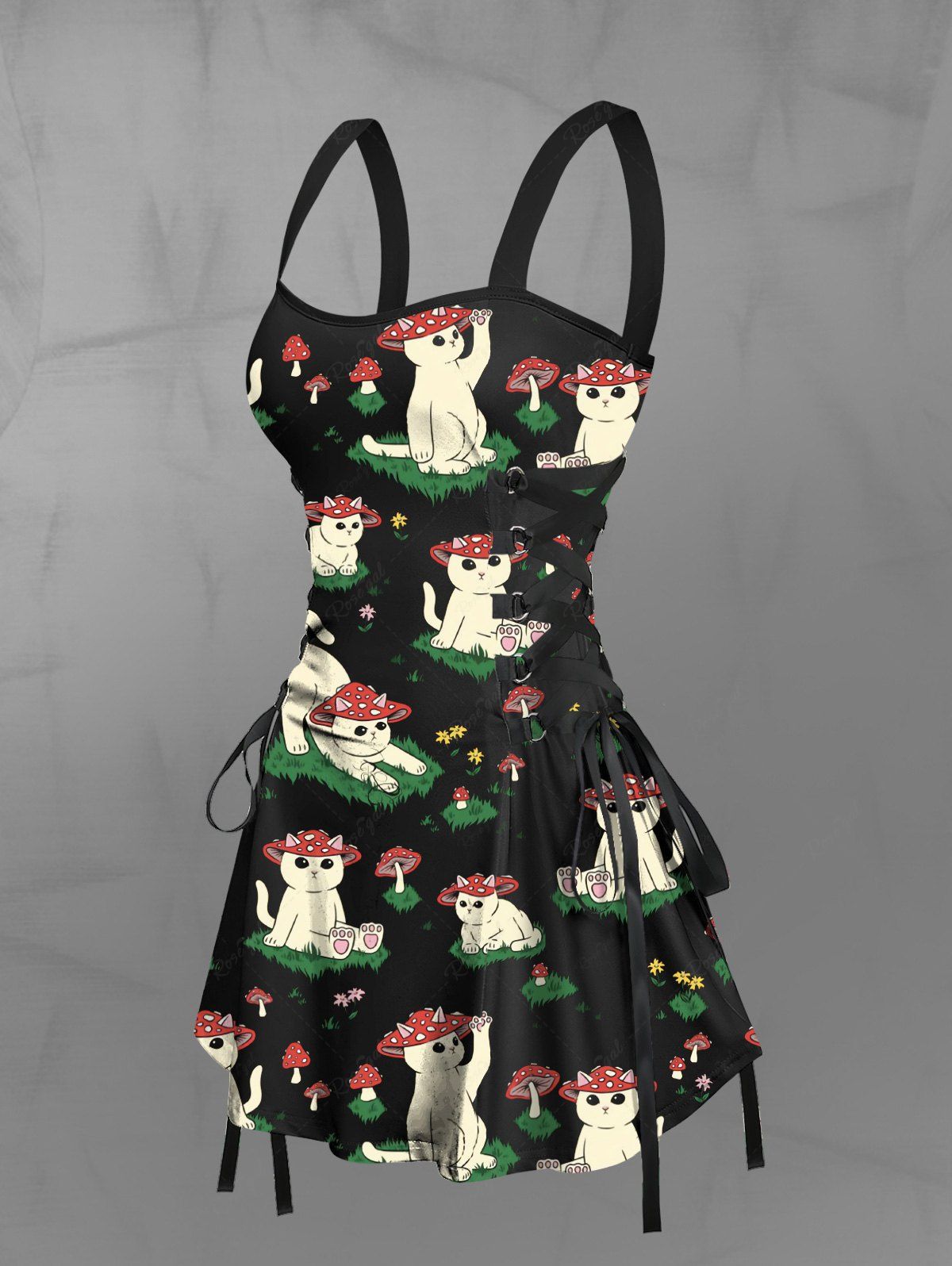 Gothic Mushroom Cute Cat Floral Grass Print Lace Up A Line Tank Dress