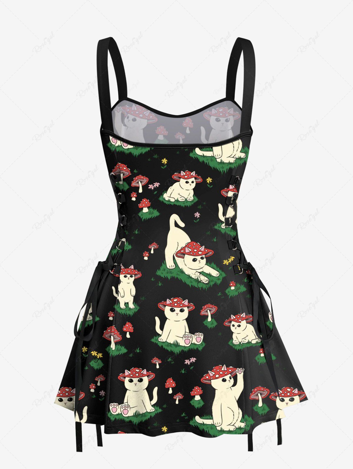 Gothic Mushroom Cute Cat Floral Grass Print Lace Up A Line Tank Dress