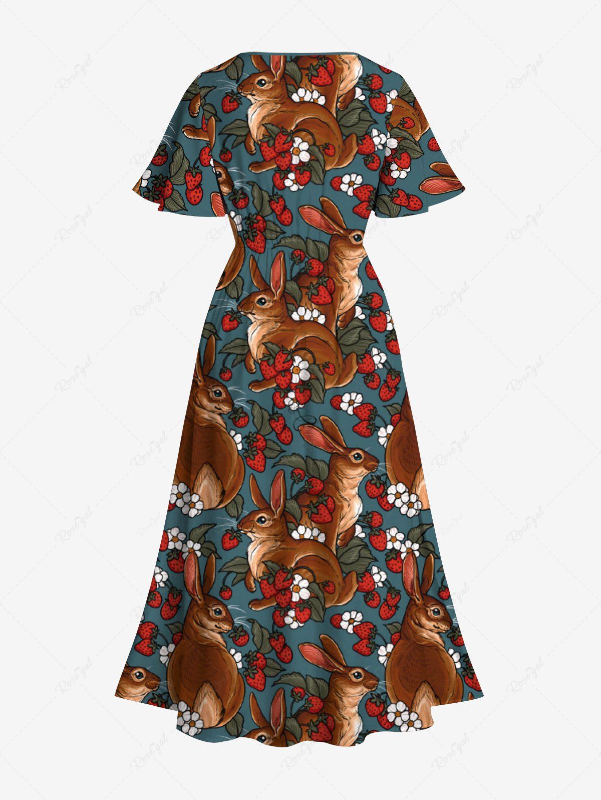 Gothic Plus Size Rabbit Floral Strawberry Print Split Pocket A Line Midi Dress