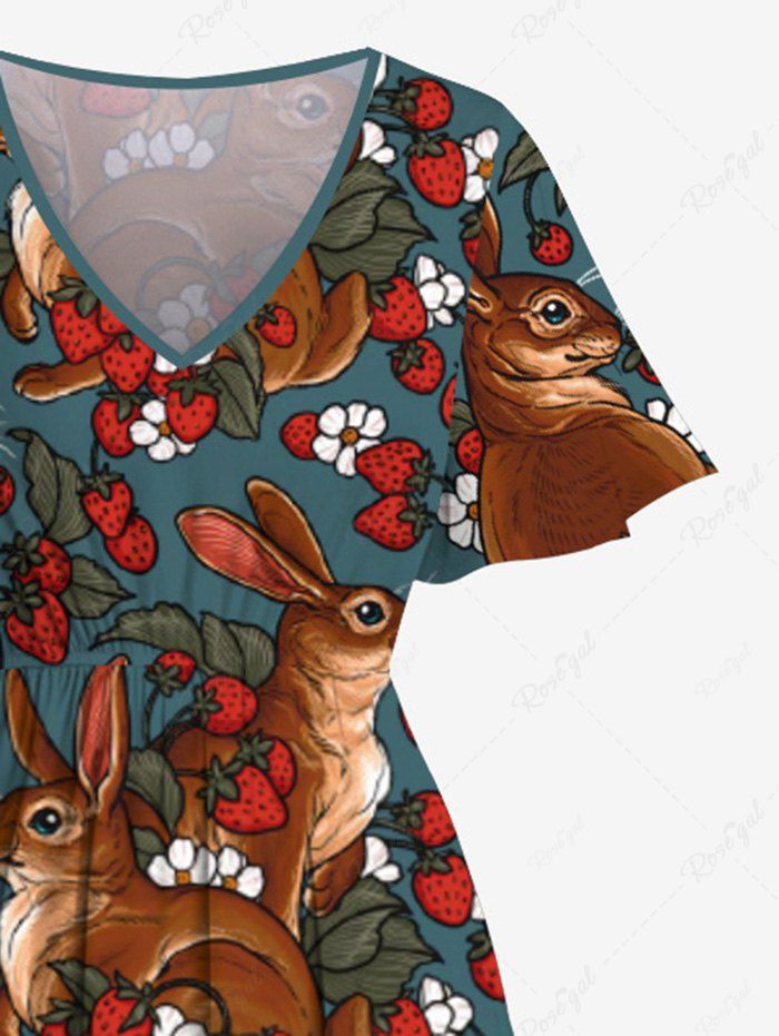 Gothic Plus Size Rabbit Floral Strawberry Print Split Pocket A Line Midi Dress