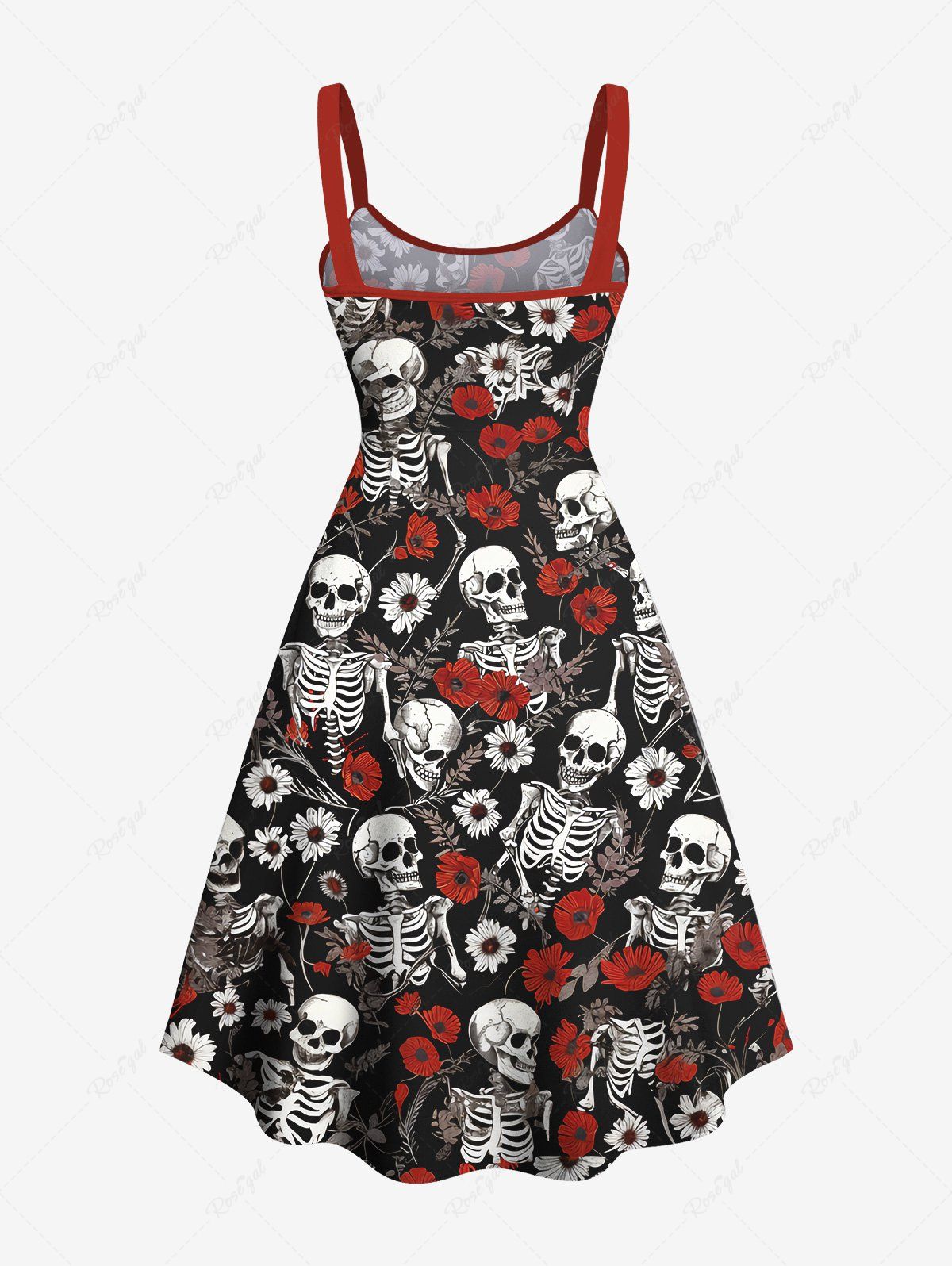 Gothic Plus Size Skeleton Flower Leaf Print Halloween Costume A Line Tank Dress