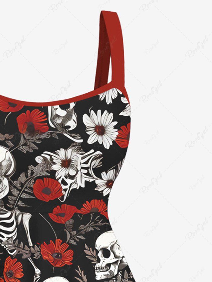 Gothic Plus Size Skeleton Flower Leaf Print Halloween Costume A Line Tank Dress