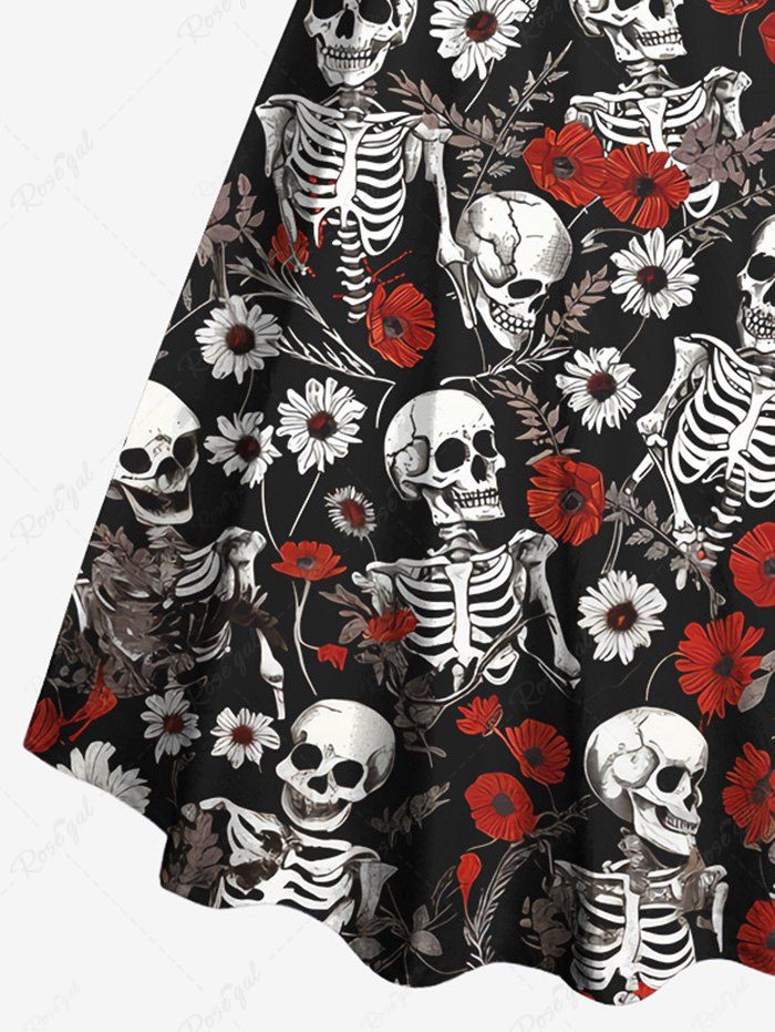 Gothic Plus Size Skeleton Flower Leaf Print Halloween Costume A Line Tank Dress