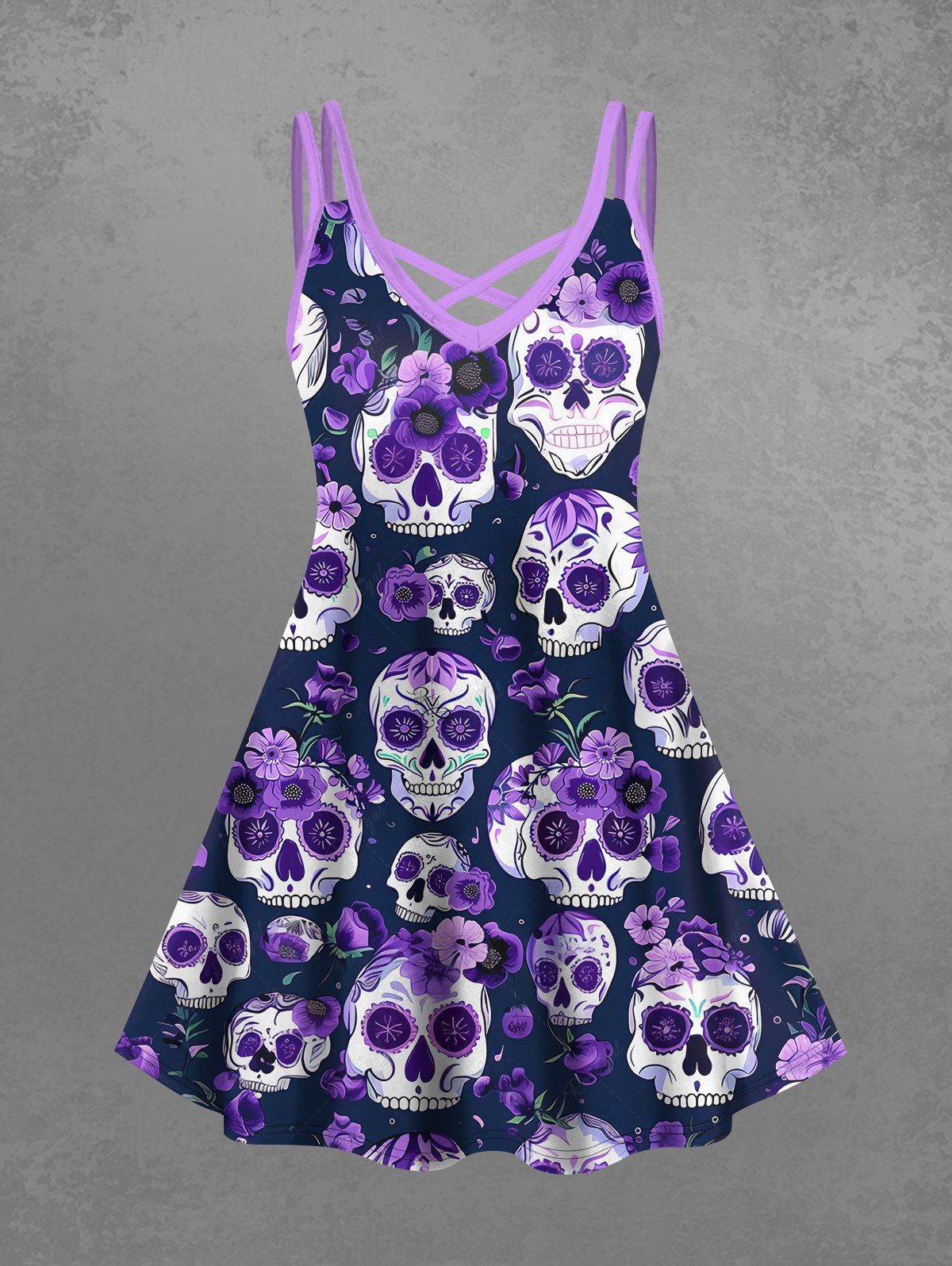 Gothic Plus Size Skulls Flower Leaf Print Halloween Costume Crisscross A Line Cami Dress