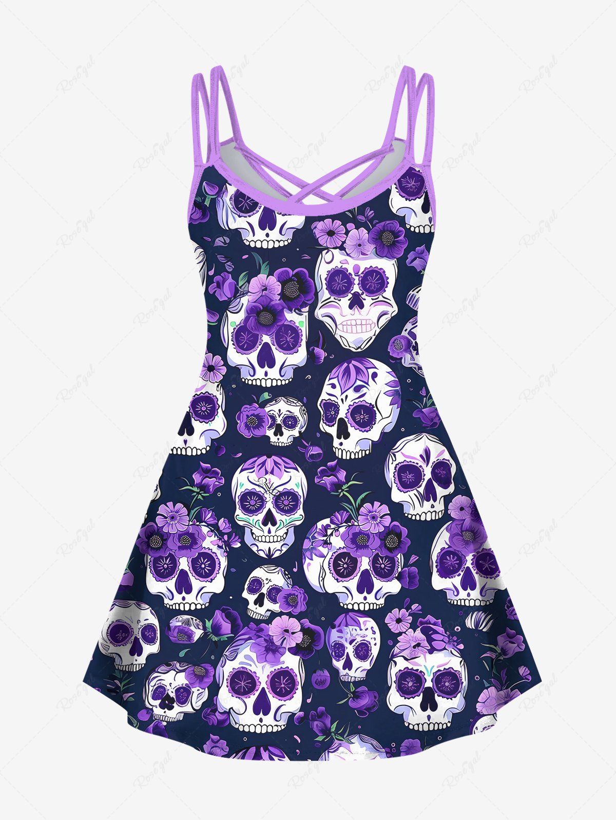 Gothic Plus Size Skulls Flower Leaf Print Halloween Costume Crisscross A Line Cami Dress