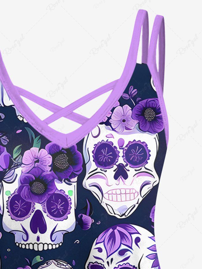 Gothic Plus Size Skulls Flower Leaf Print Halloween Costume Crisscross A Line Cami Dress