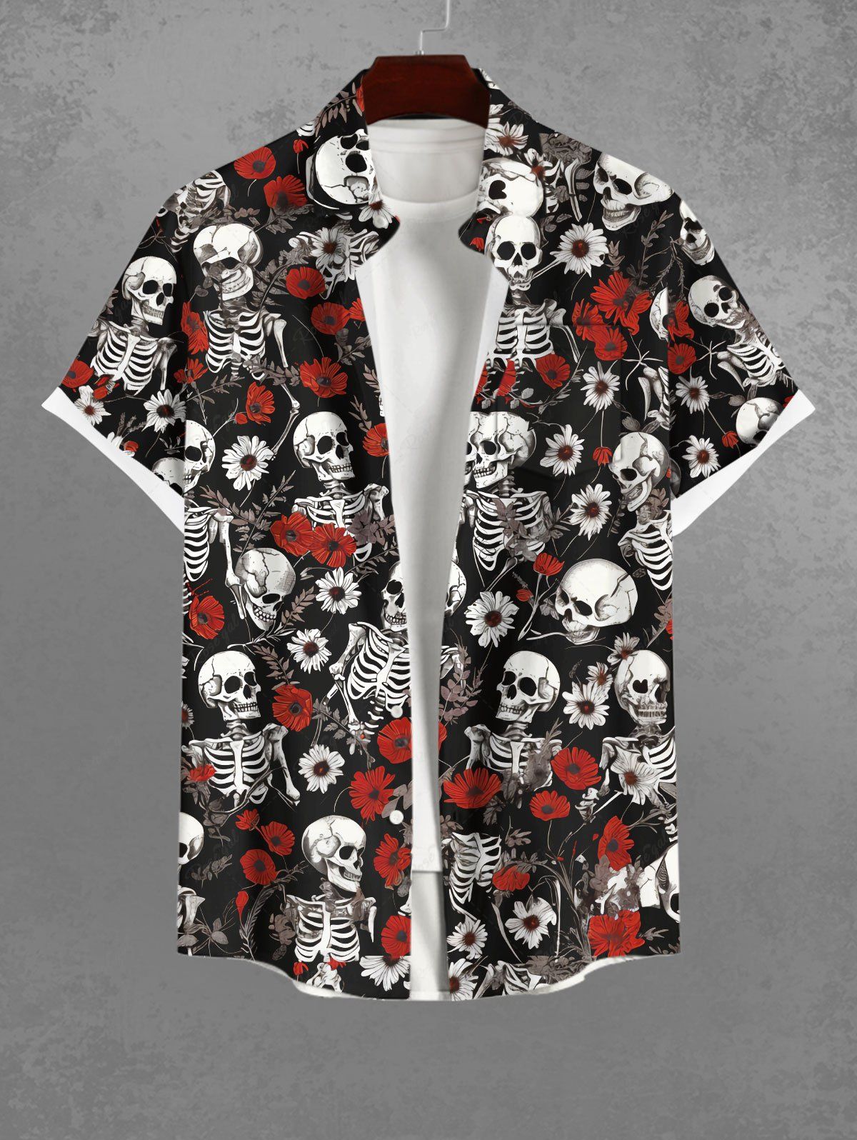 Gothic Plus Size Skeleton Flower Leaf Print Halloween Button Pocket Shirt For Men