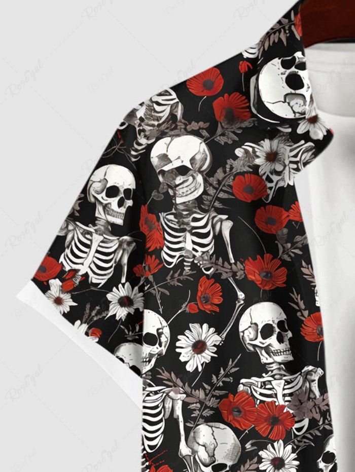 Gothic Plus Size Skeleton Flower Leaf Print Halloween Button Pocket Shirt For Men