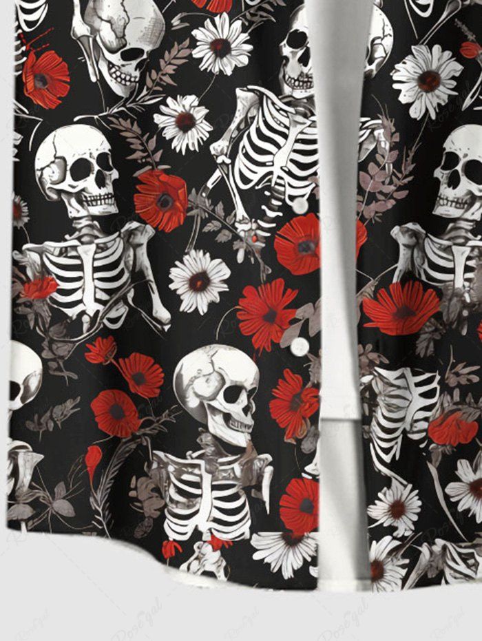 Gothic Plus Size Skeleton Flower Leaf Print Halloween Button Pocket Shirt For Men