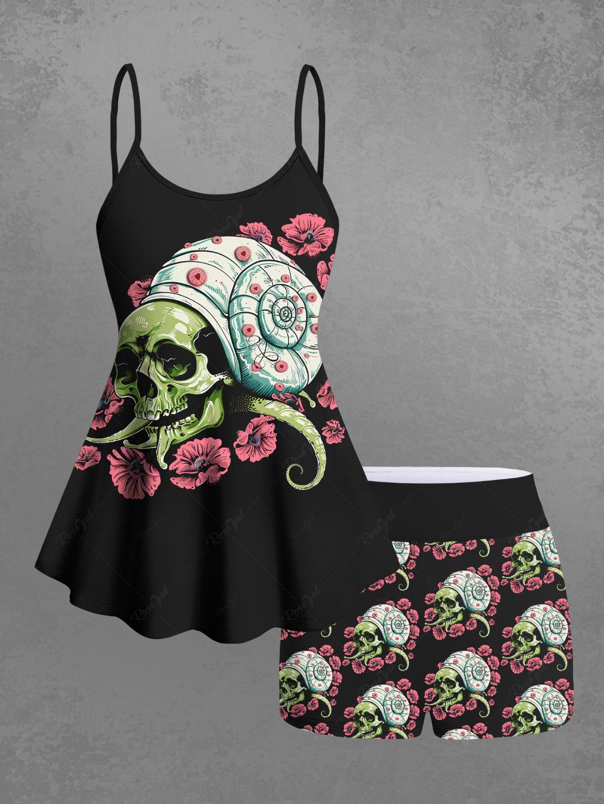 Gothic Plus Size Skull Octopus Snail Flower Print Halloween Boyleg Tankini Swimsuit (Adjustable Shoulder Strap)