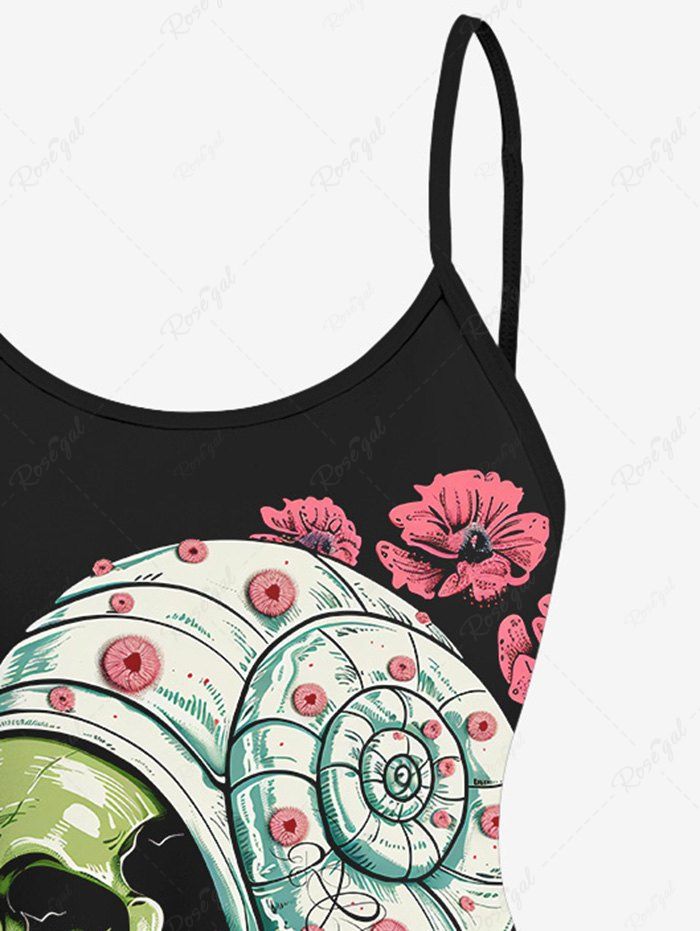 Gothic Plus Size Skull Octopus Snail Flower Print Halloween Boyleg Tankini Swimsuit (Adjustable Shoulder Strap)