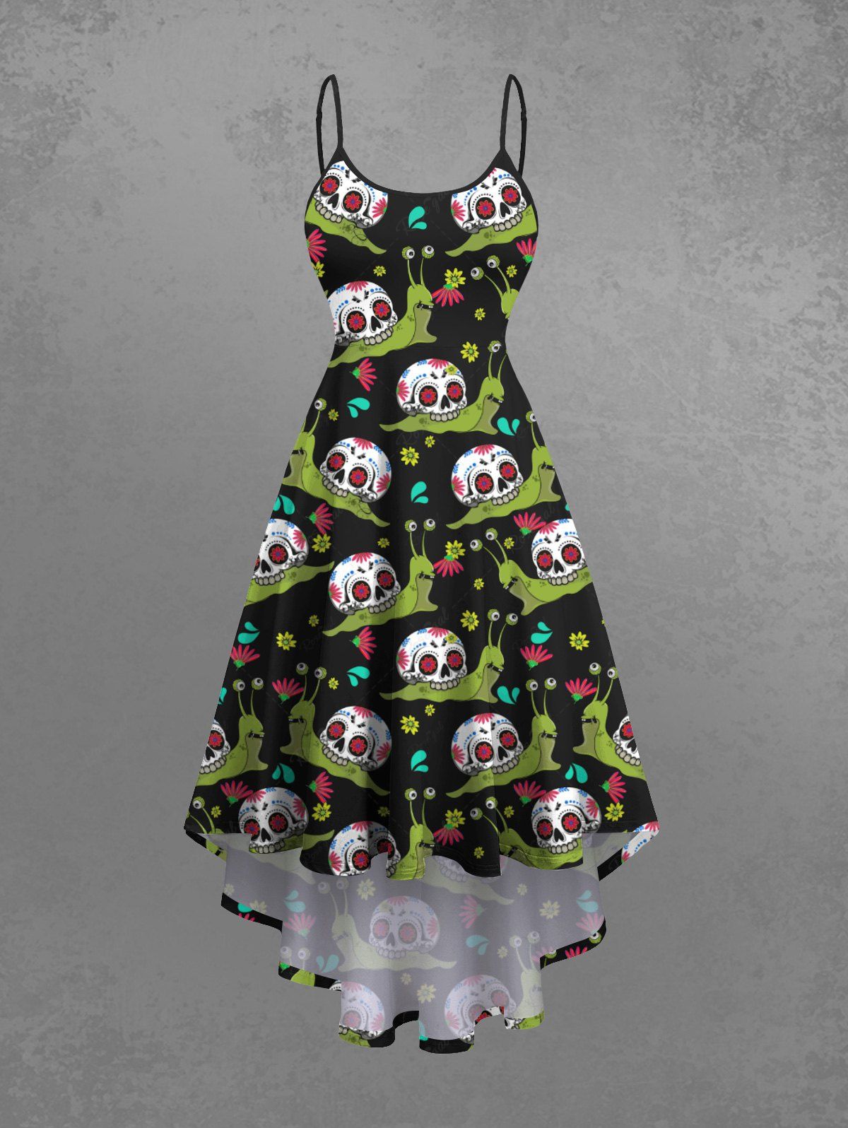 Gothic Plus Size Skull Snail Floral Print High Low Asymmetric Halloween Costume Cami Dress