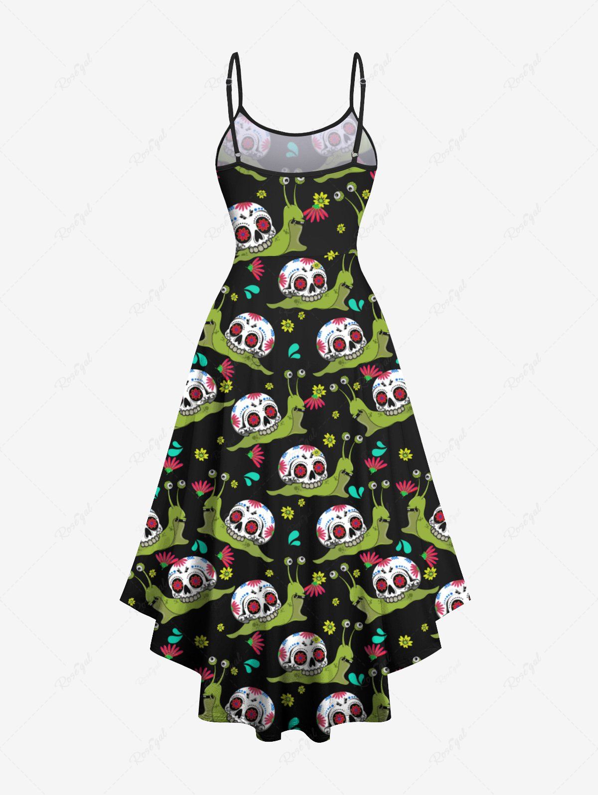 Gothic Plus Size Skull Snail Floral Print High Low Asymmetric Halloween Costume Cami Dress