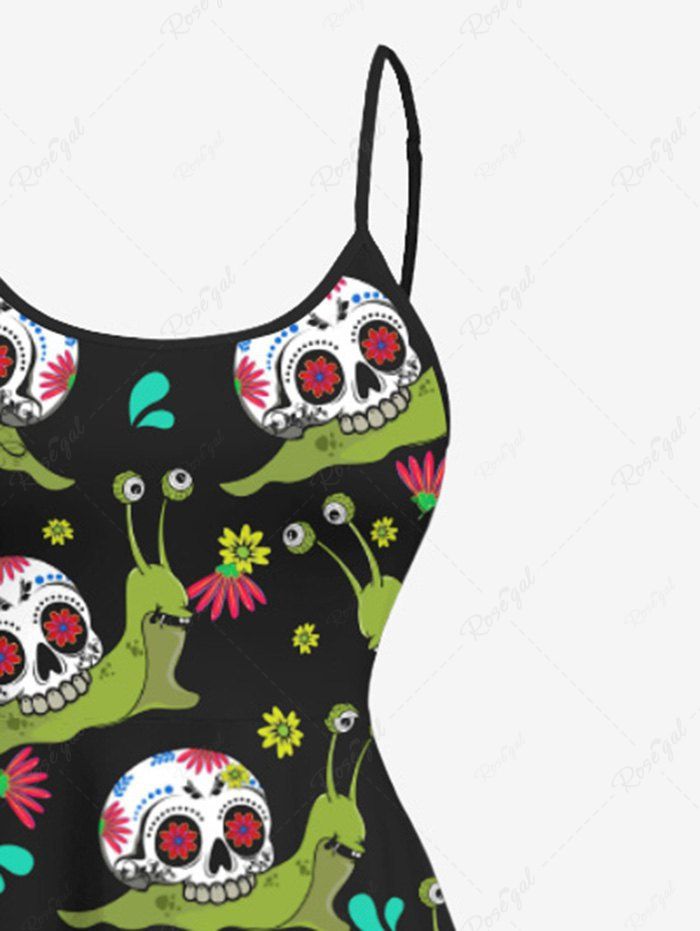 Gothic Plus Size Skull Snail Floral Print High Low Asymmetric Halloween Costume Cami Dress