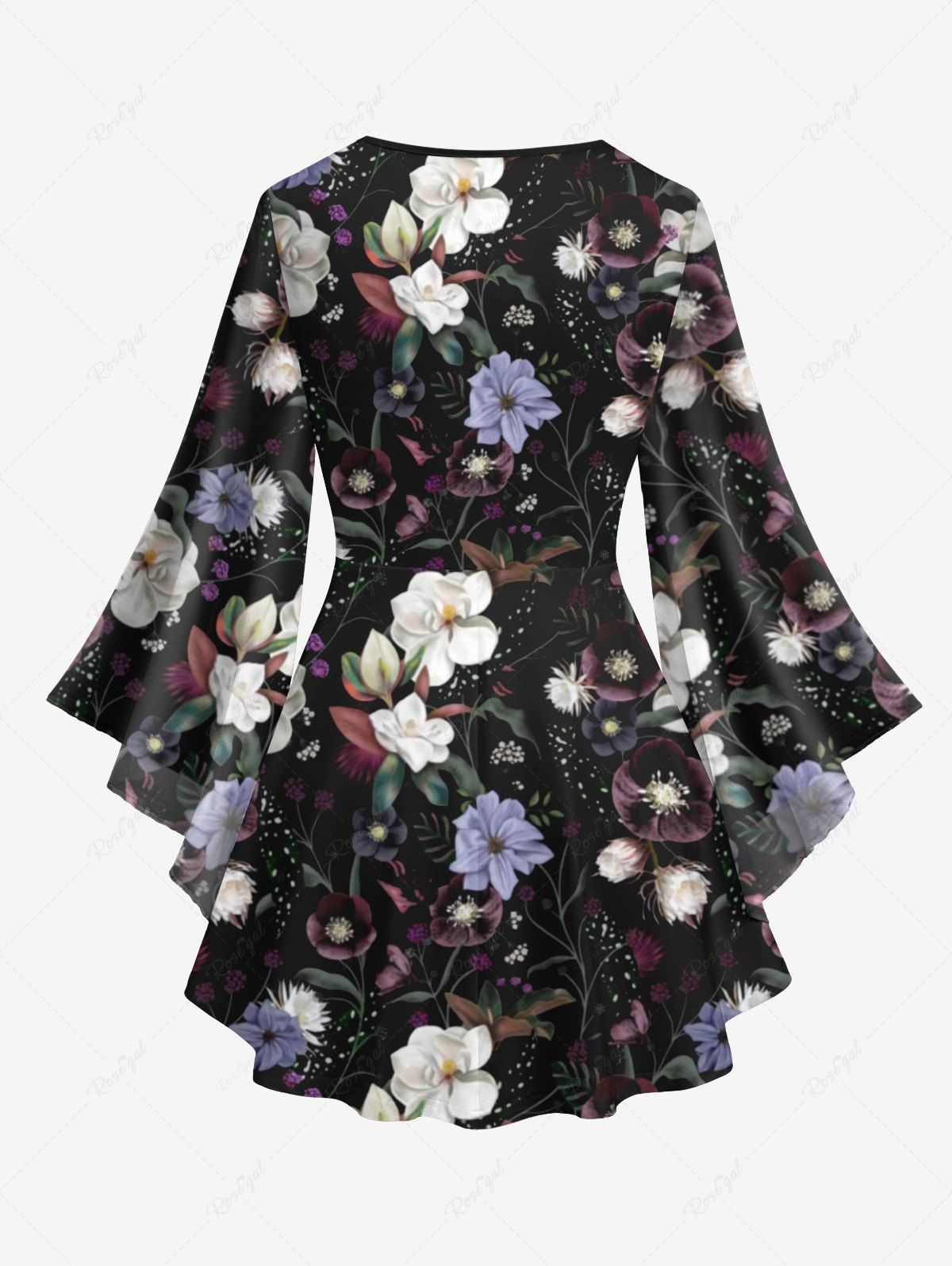 Gothic Plus Size Flare Sleeves Colorful Flower Leaf Print Lattice Blouse