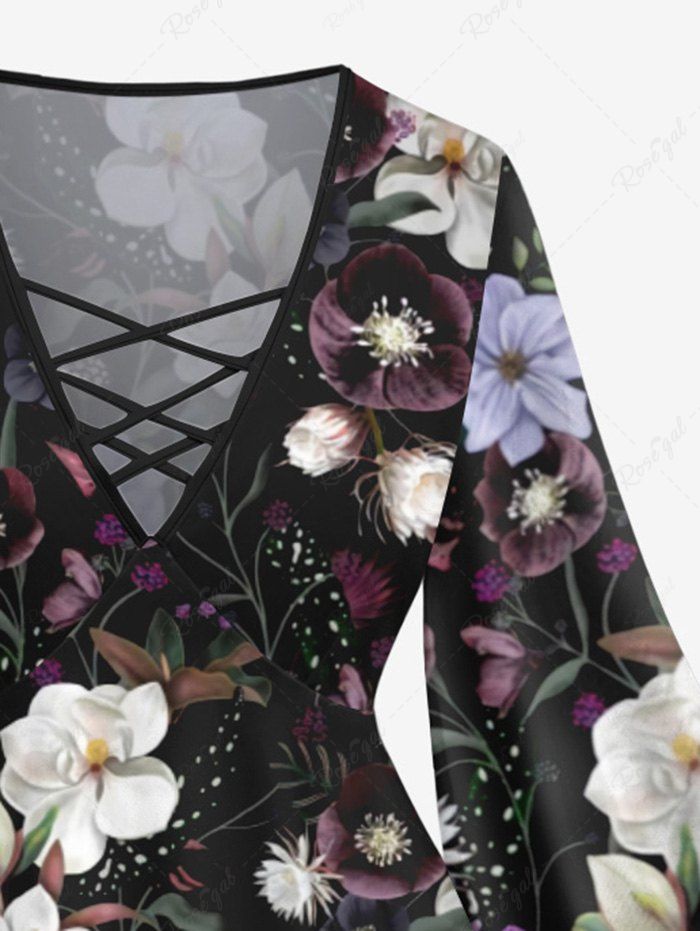 Gothic Plus Size Flare Sleeves Colorful Flower Leaf Print Lattice Blouse