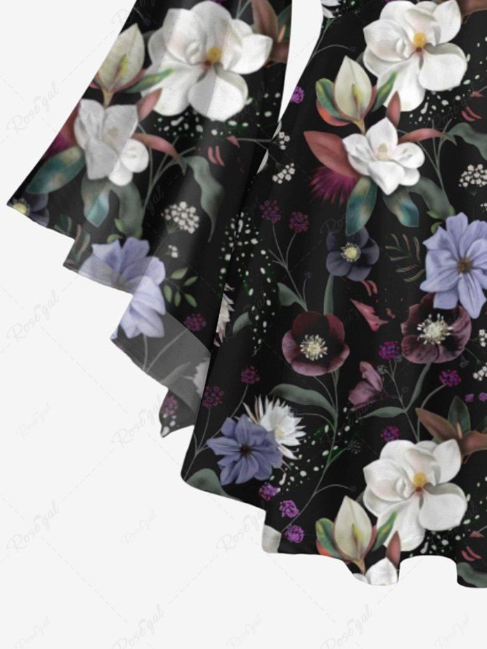 Gothic Plus Size Flare Sleeves Colorful Flower Leaf Print Lattice Blouse