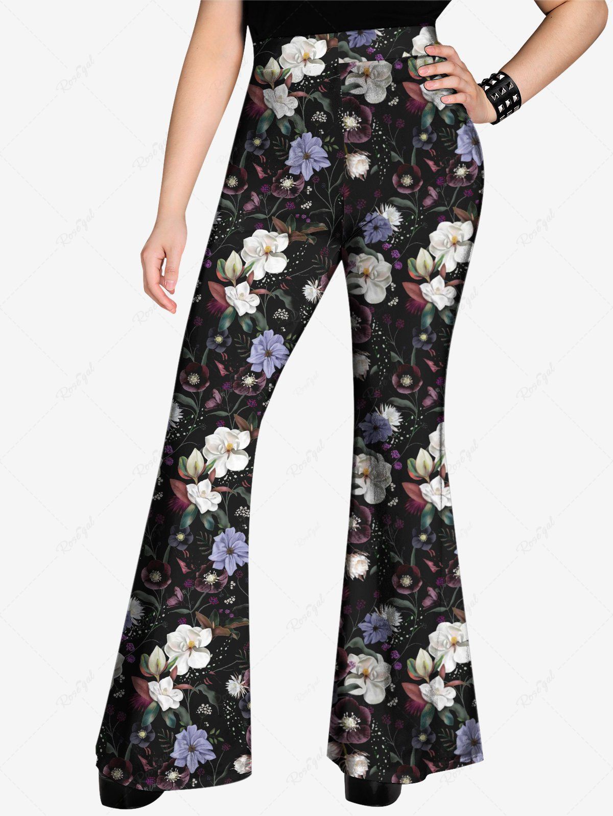 Gothic Plus Size Colorful Flower Leaf Print Flare Pants